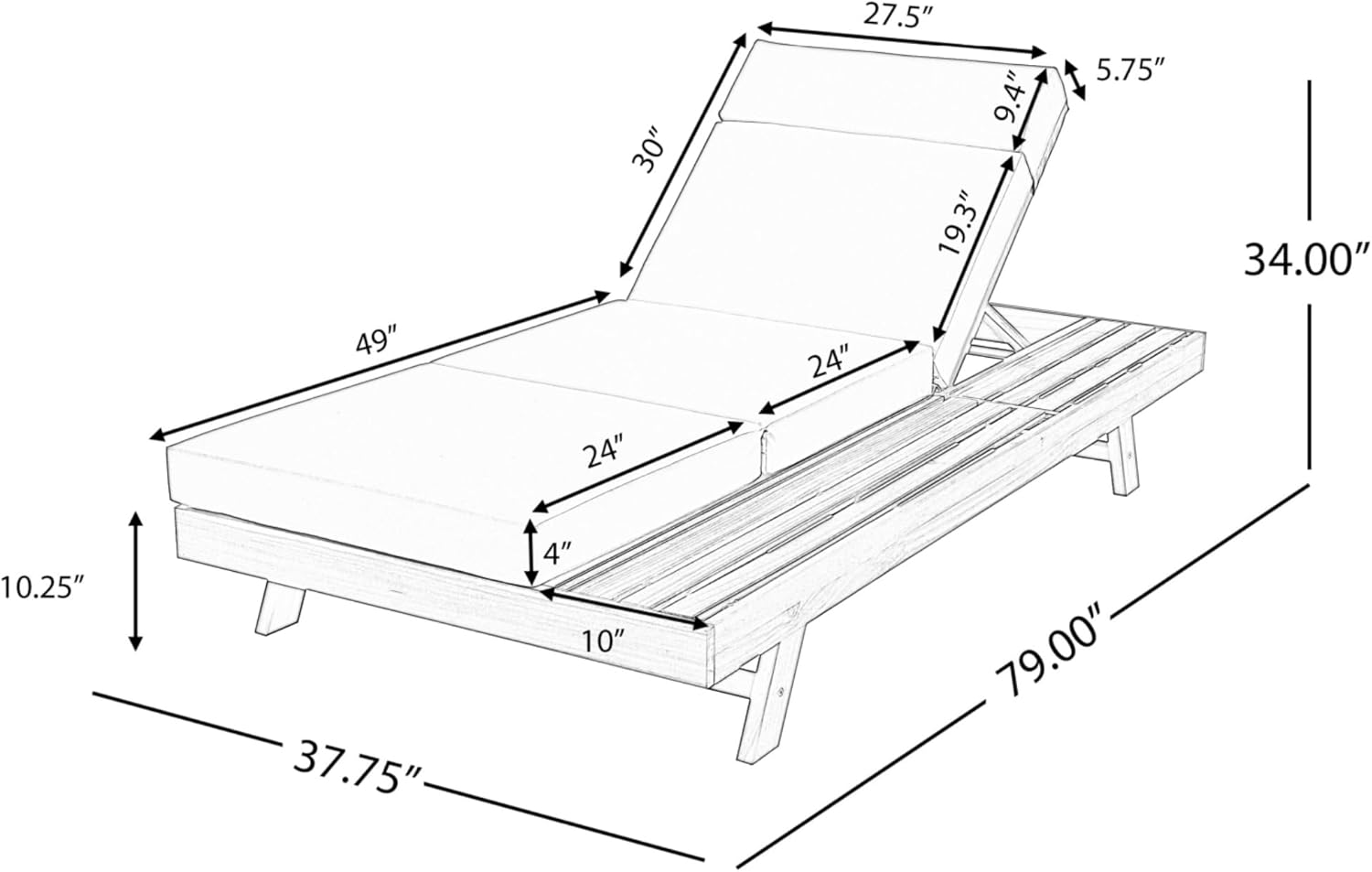 Outdoor Lounge Chair Set, Acacia Wood Tanning Bed with Headrest, Water-Resistant Reclining Chair Cushions