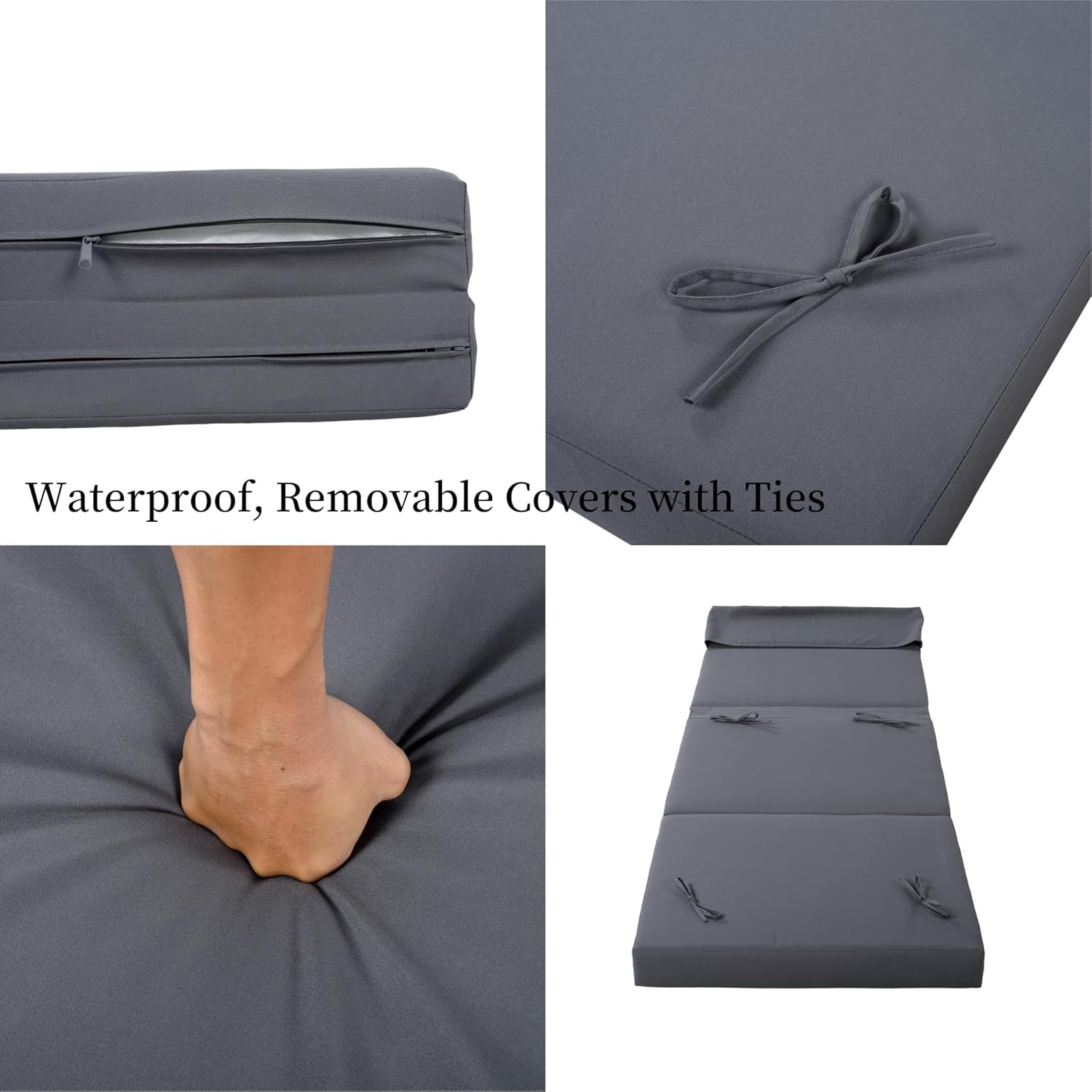 Outdoor Lounge Chair Set, Acacia Wood Tanning Bed with Headrest, Water-Resistant Reclining Chair Cushions