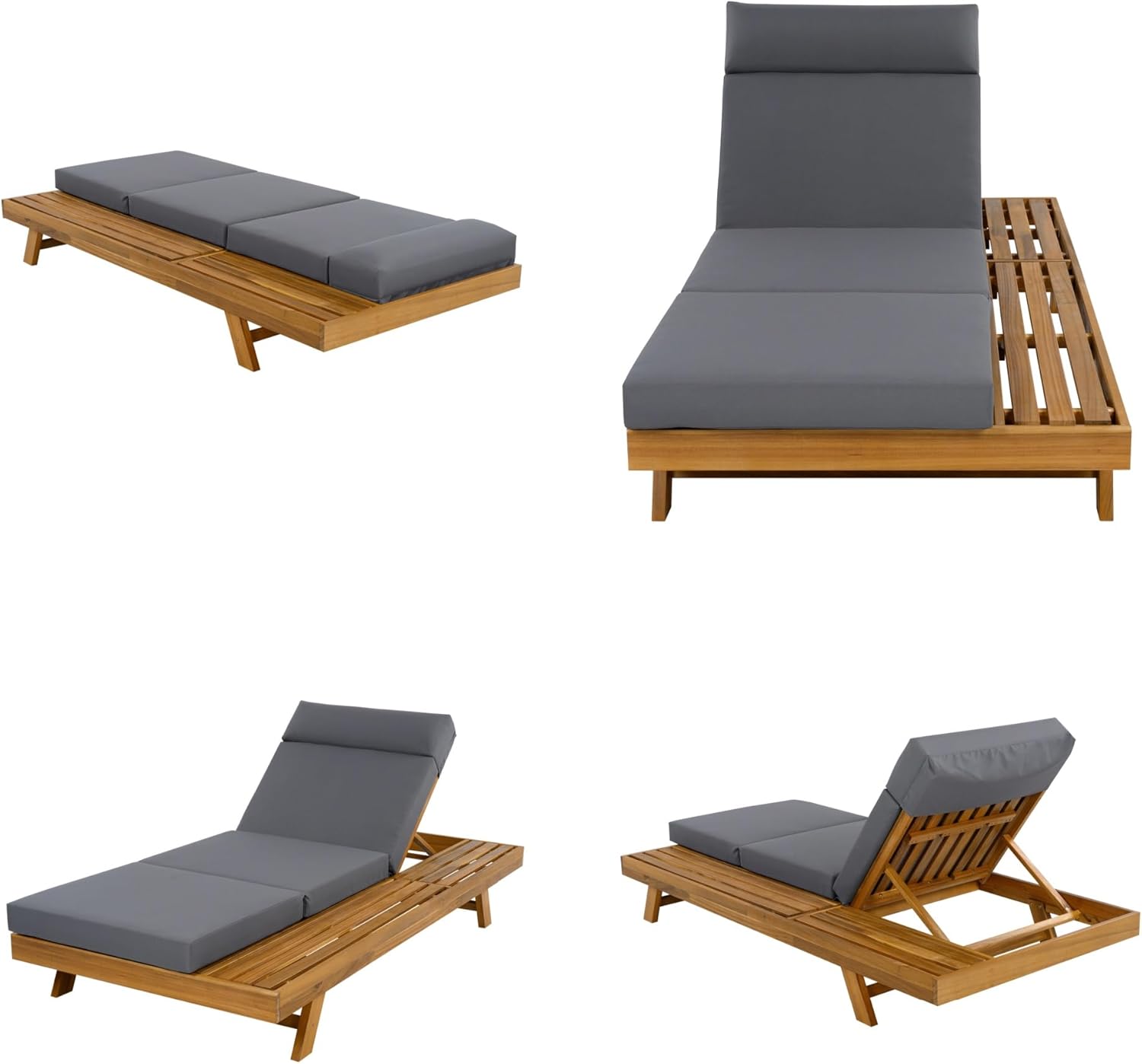 Outdoor Lounge Chair Set, Acacia Wood Tanning Bed with Headrest, Water-Resistant Reclining Chair Cushions