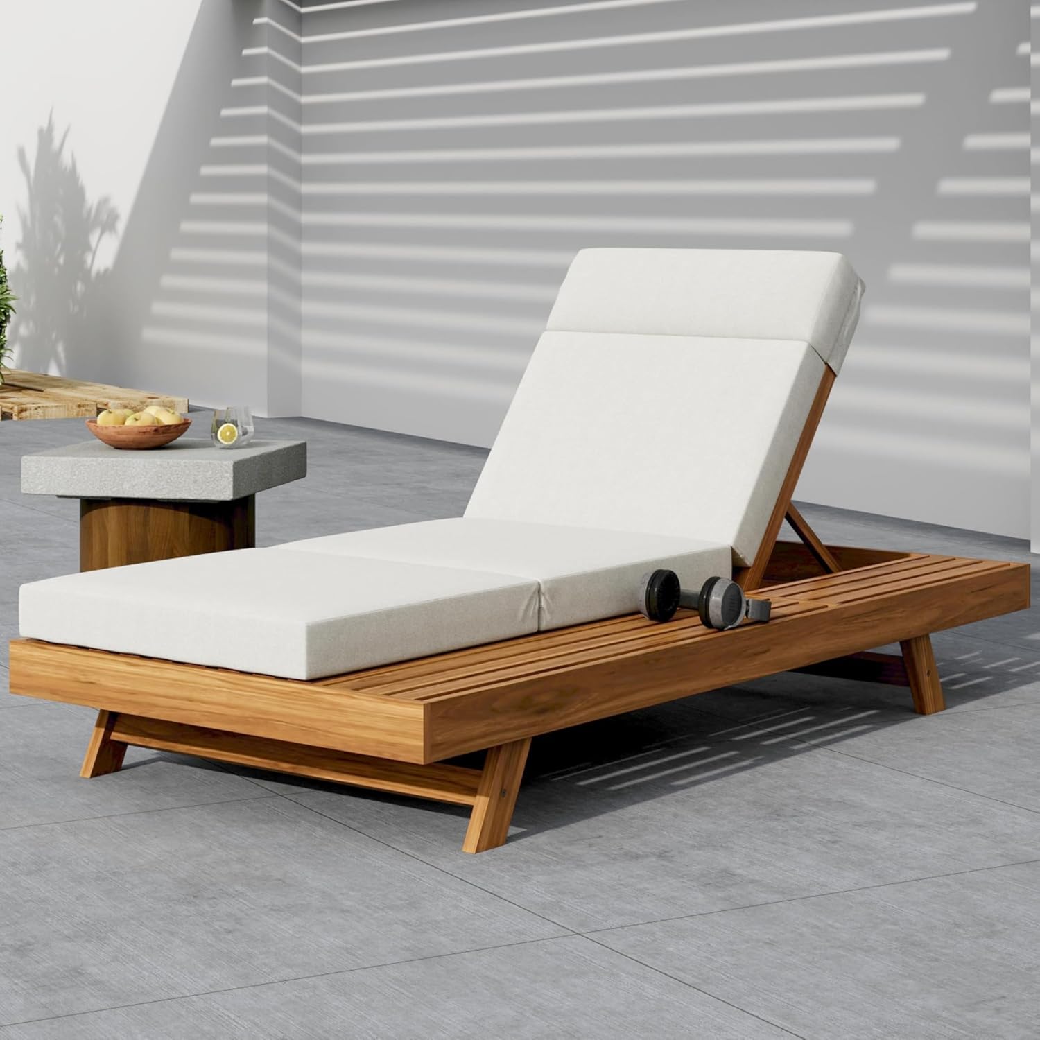 Outdoor Lounge Chair Set, Acacia Wood Tanning Bed with Headrest, Water-Resistant Reclining Chair Cushions