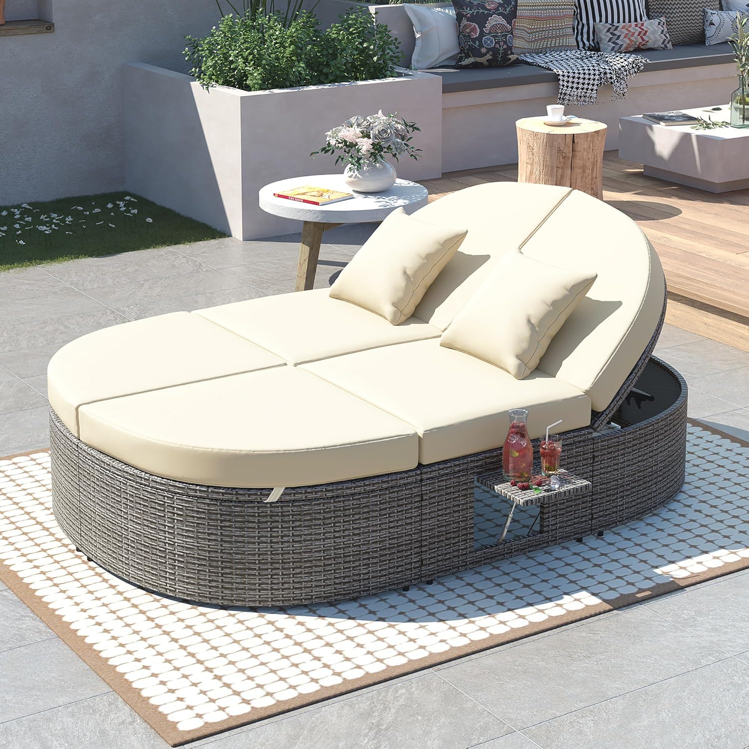 Outdoor Sun Bed Patio 2-Person Daybed with Cushions and Pillows