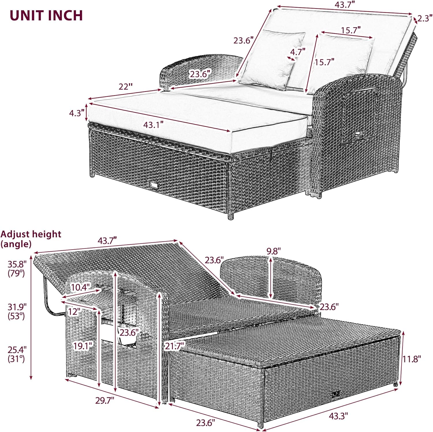 2-Person Reclining Daybed with Adjustable Back and Cushions