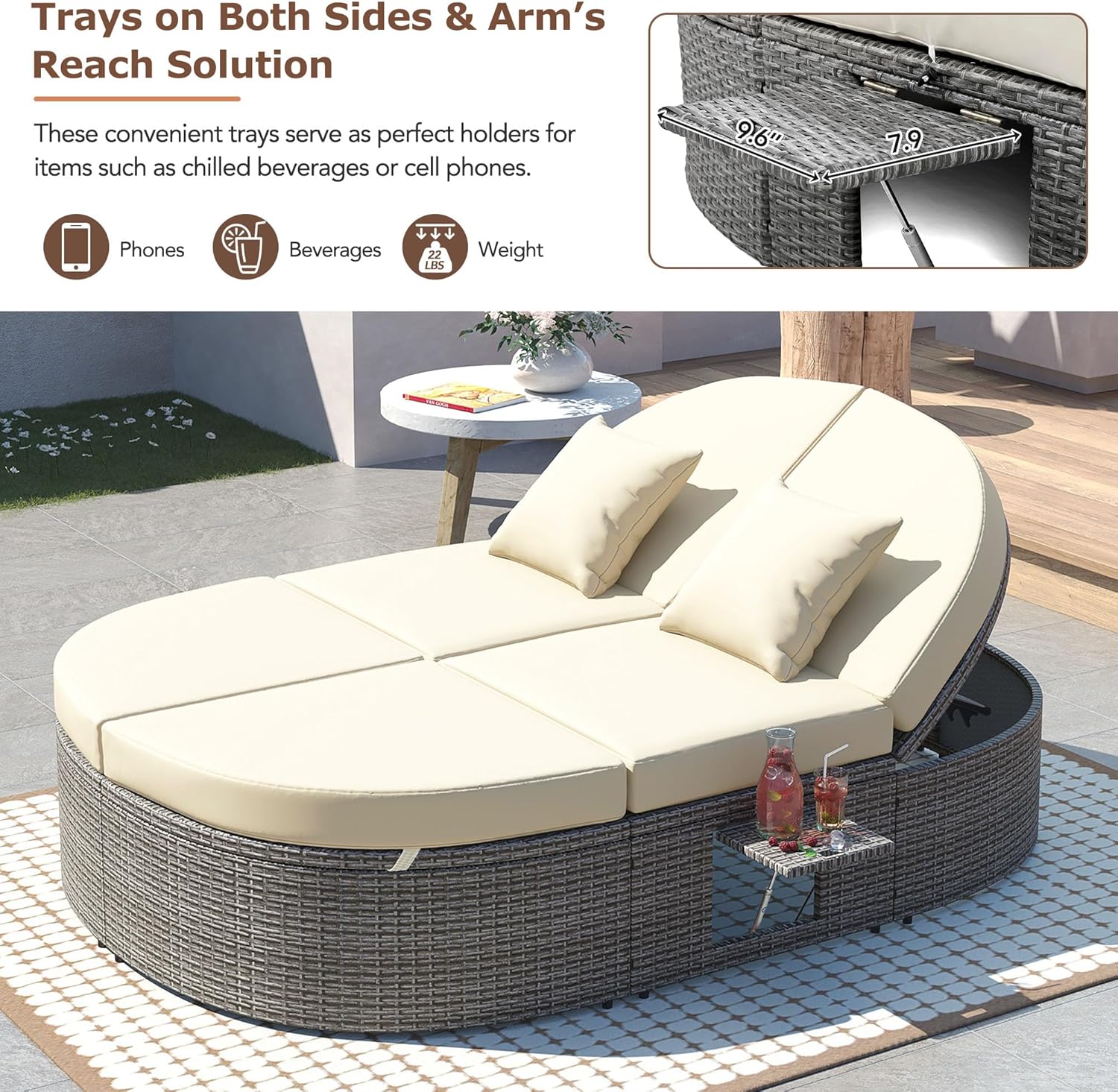 Outdoor Sun Bed Patio 2-Person Daybed with Cushions and Pillows