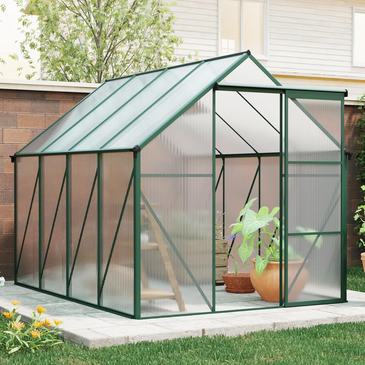 Raised Base and Anchor Aluminum Heavy Duty Walk-in Green House for Outdoor Backyard