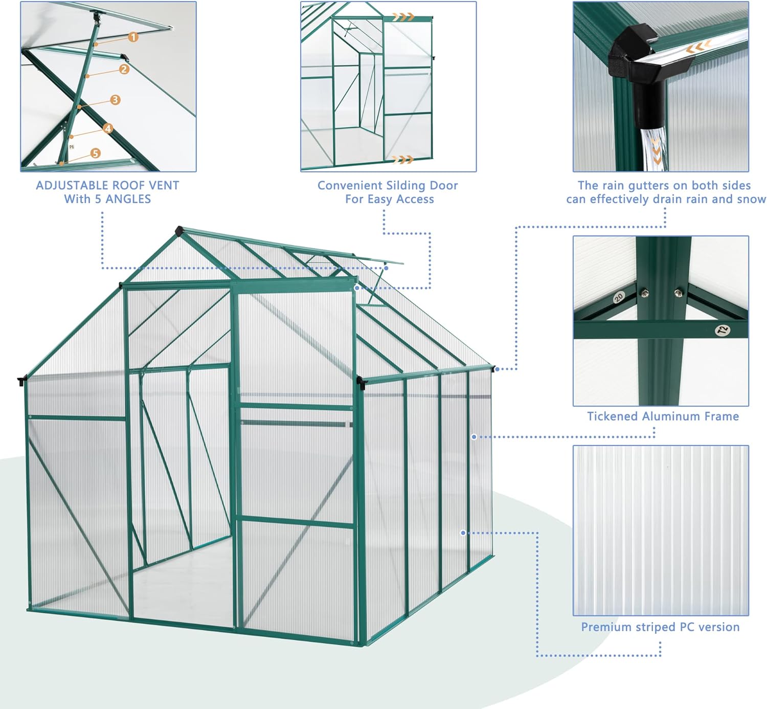 Raised Base and Anchor Aluminum Heavy Duty Walk-in Green House for Outdoor Backyard