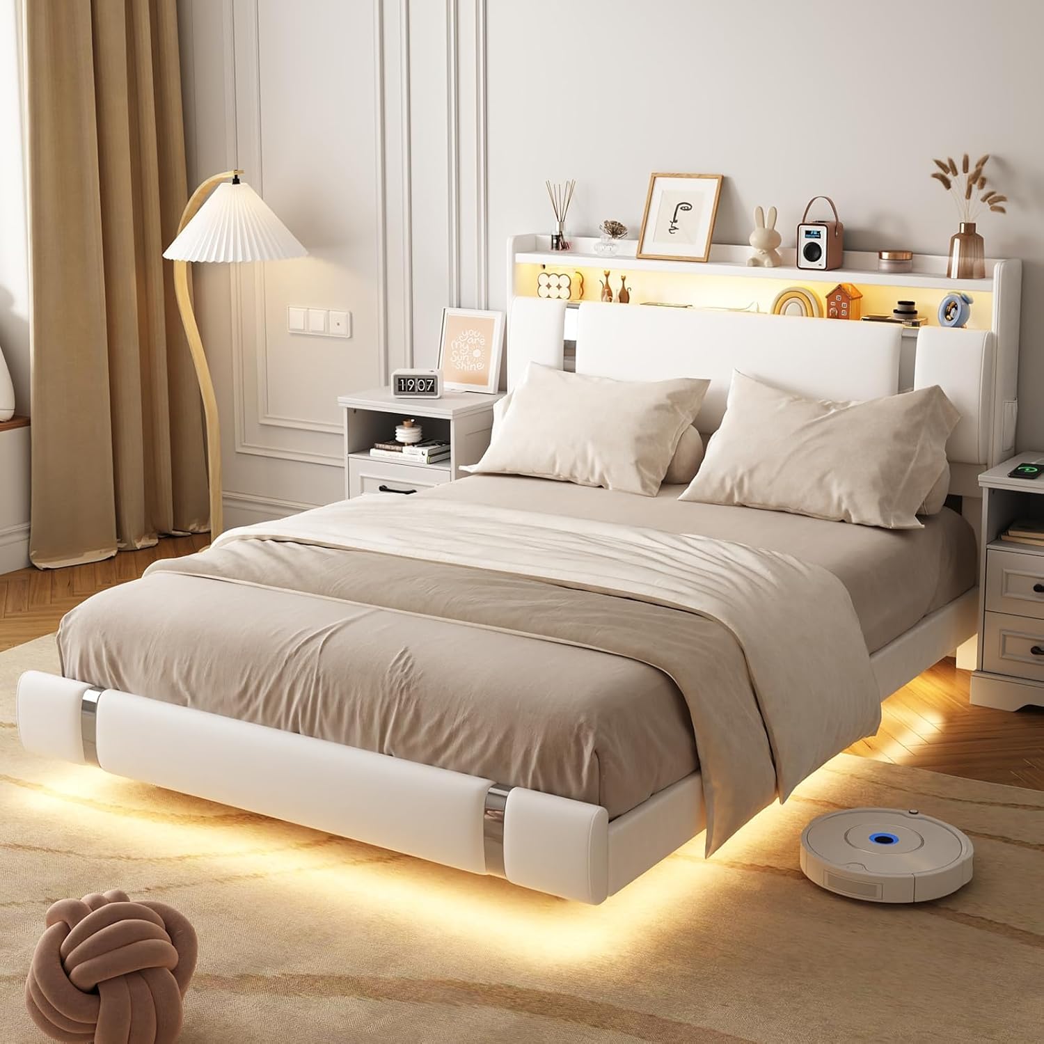Full Size Floating Bed Frame with LED and Charging Station