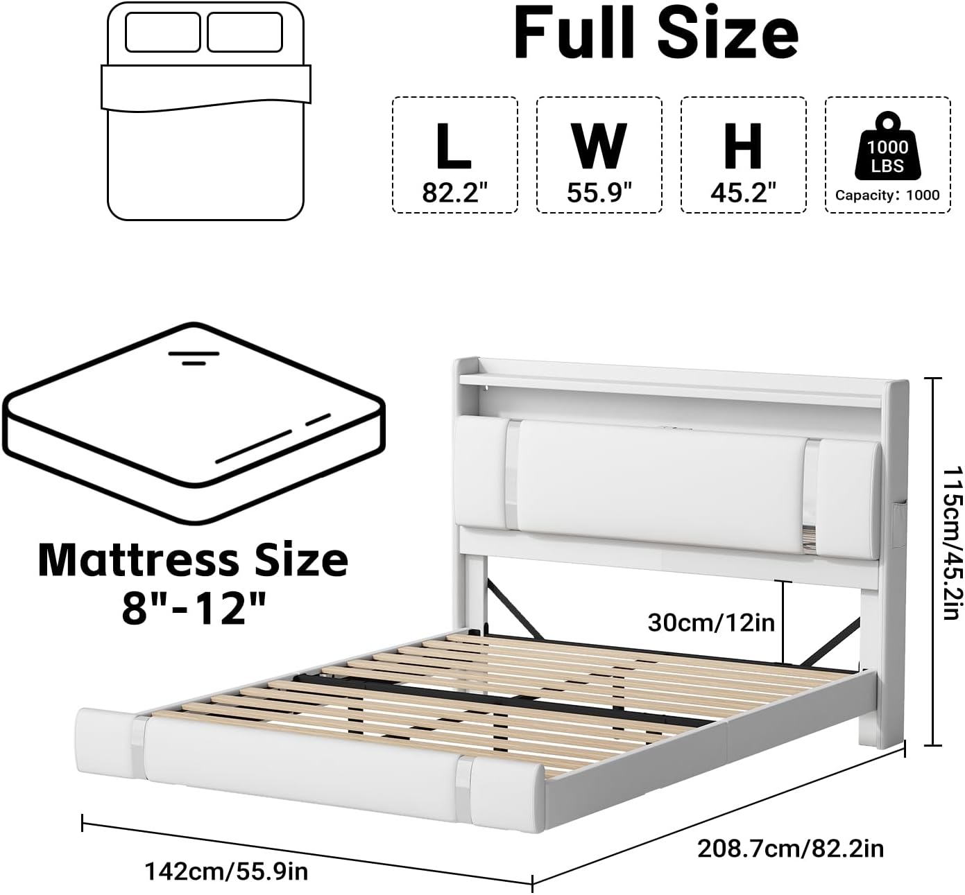 Full Size Floating Bed Frame with LED and Charging Station