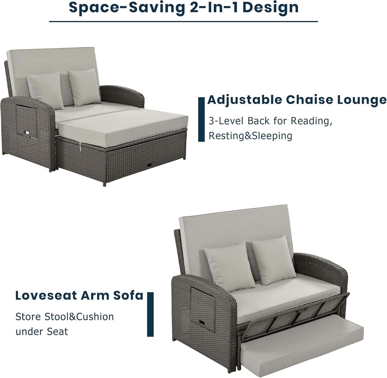 2-Person Reclining Daybed with Adjustable Back and Cushions