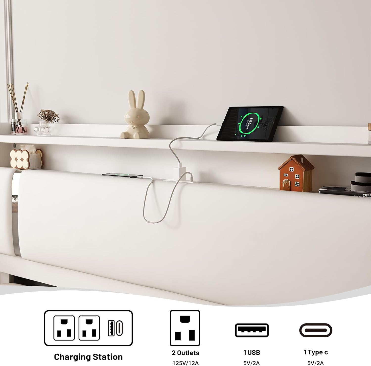 Full Size Floating Bed Frame with LED and Charging Station