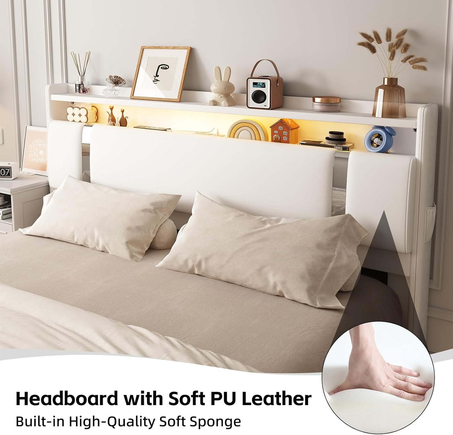 Full Size Floating Bed Frame with LED and Charging Station