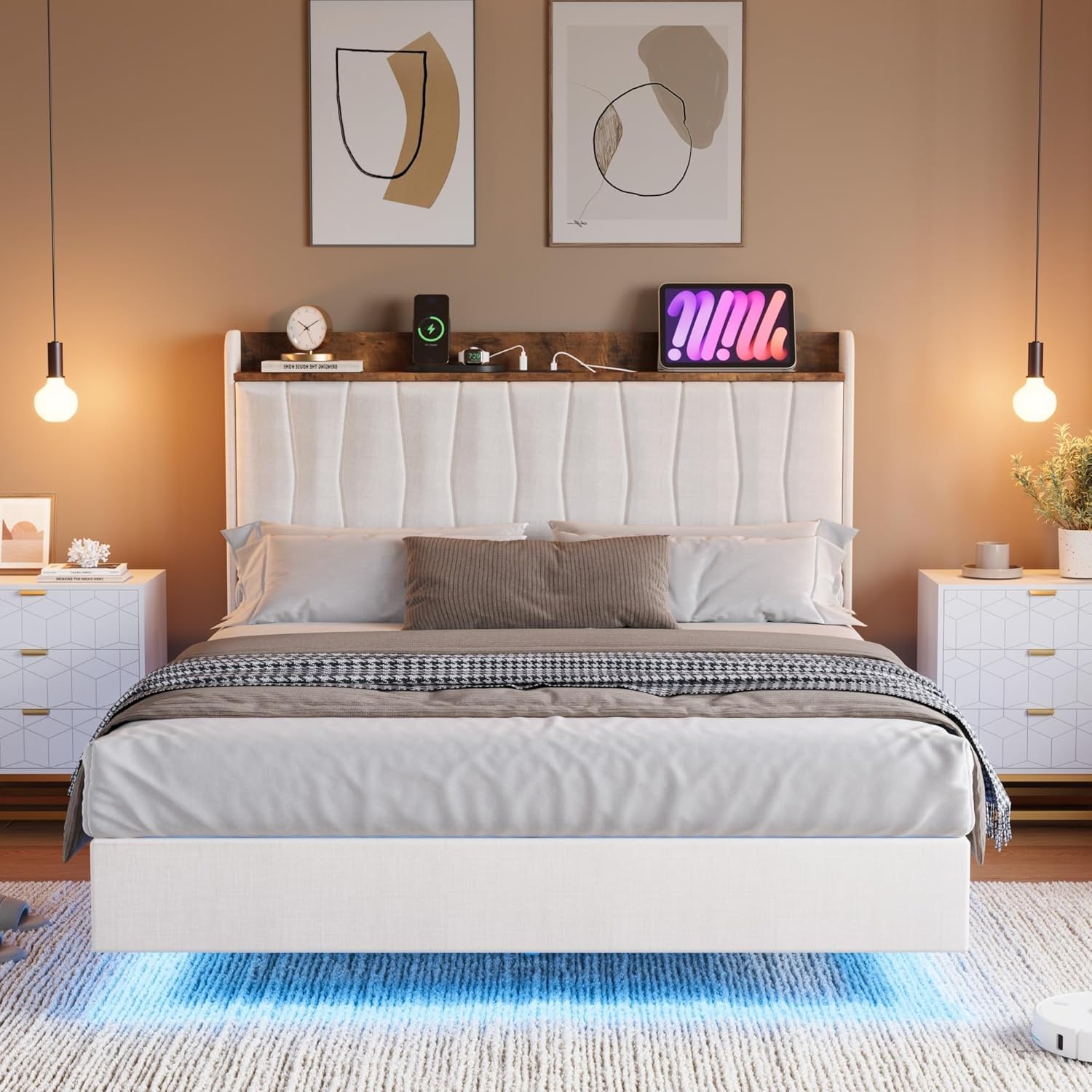  Full Floating Bed Frame with LED Lights & Charging Station