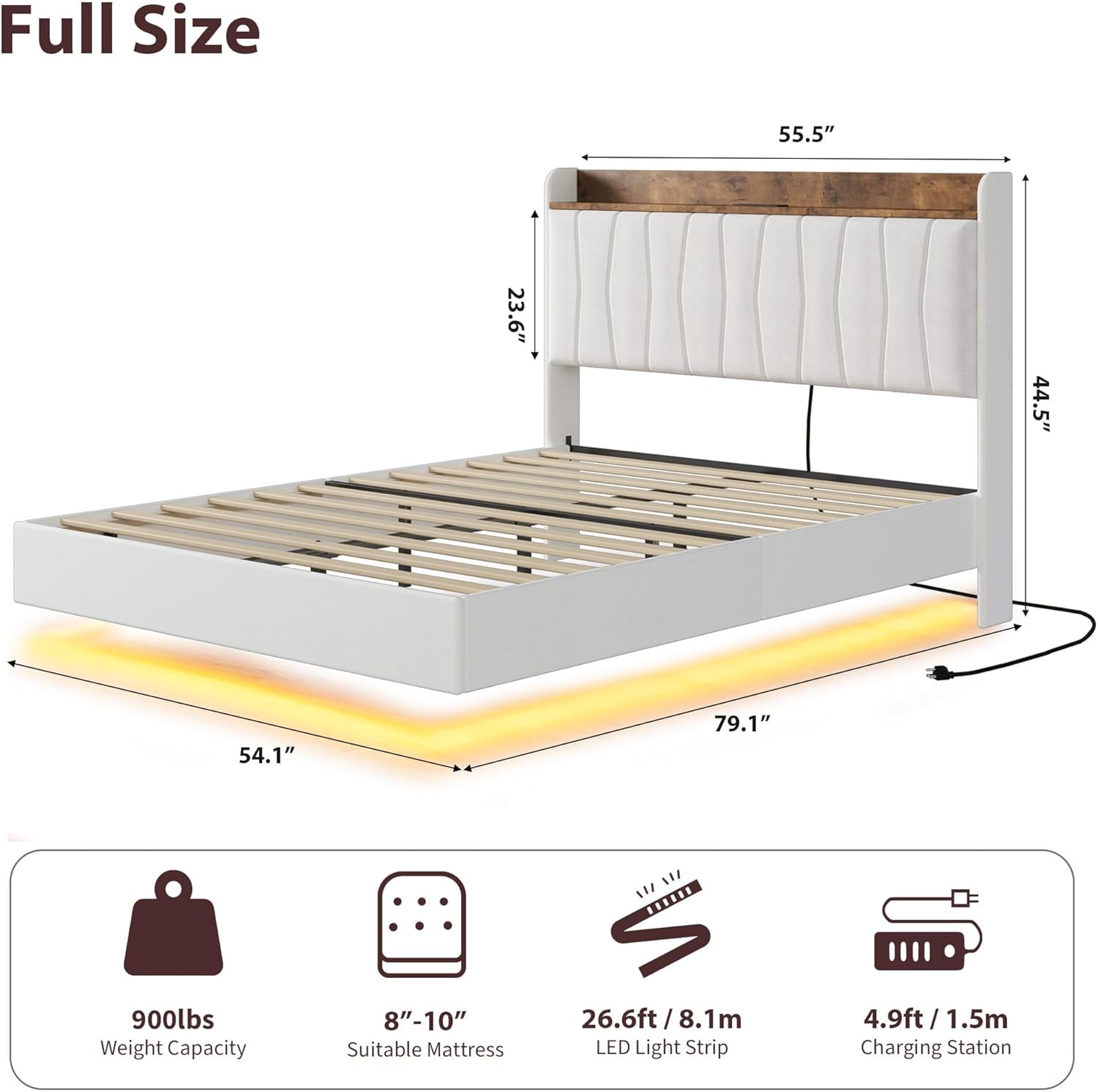  Full Floating Bed Frame with LED Lights & Charging Station