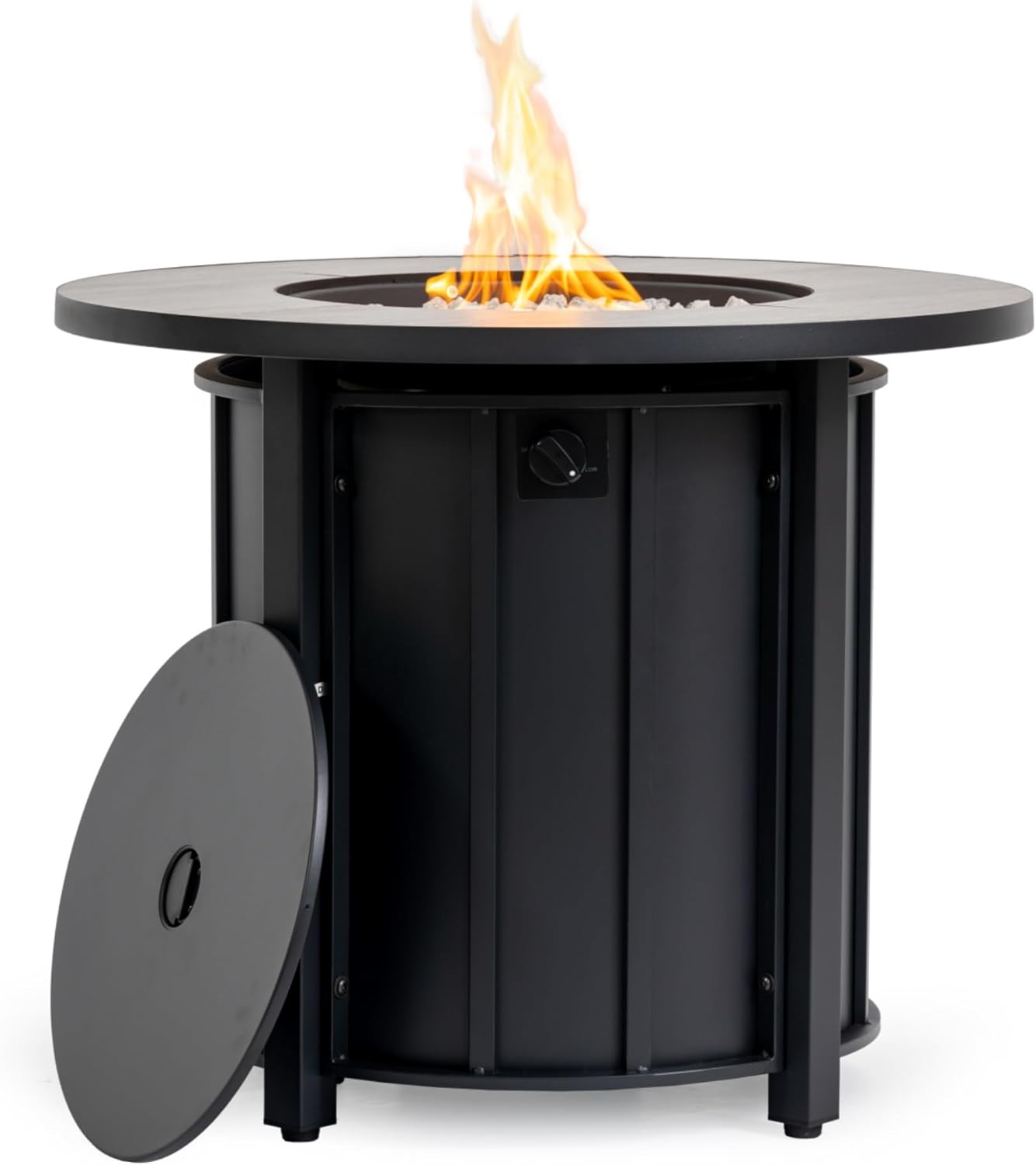 CSA-Certified 50000 BTU Round Steel Gas Fire Pits with Lid and Wood Grain Ceramic Tabletop