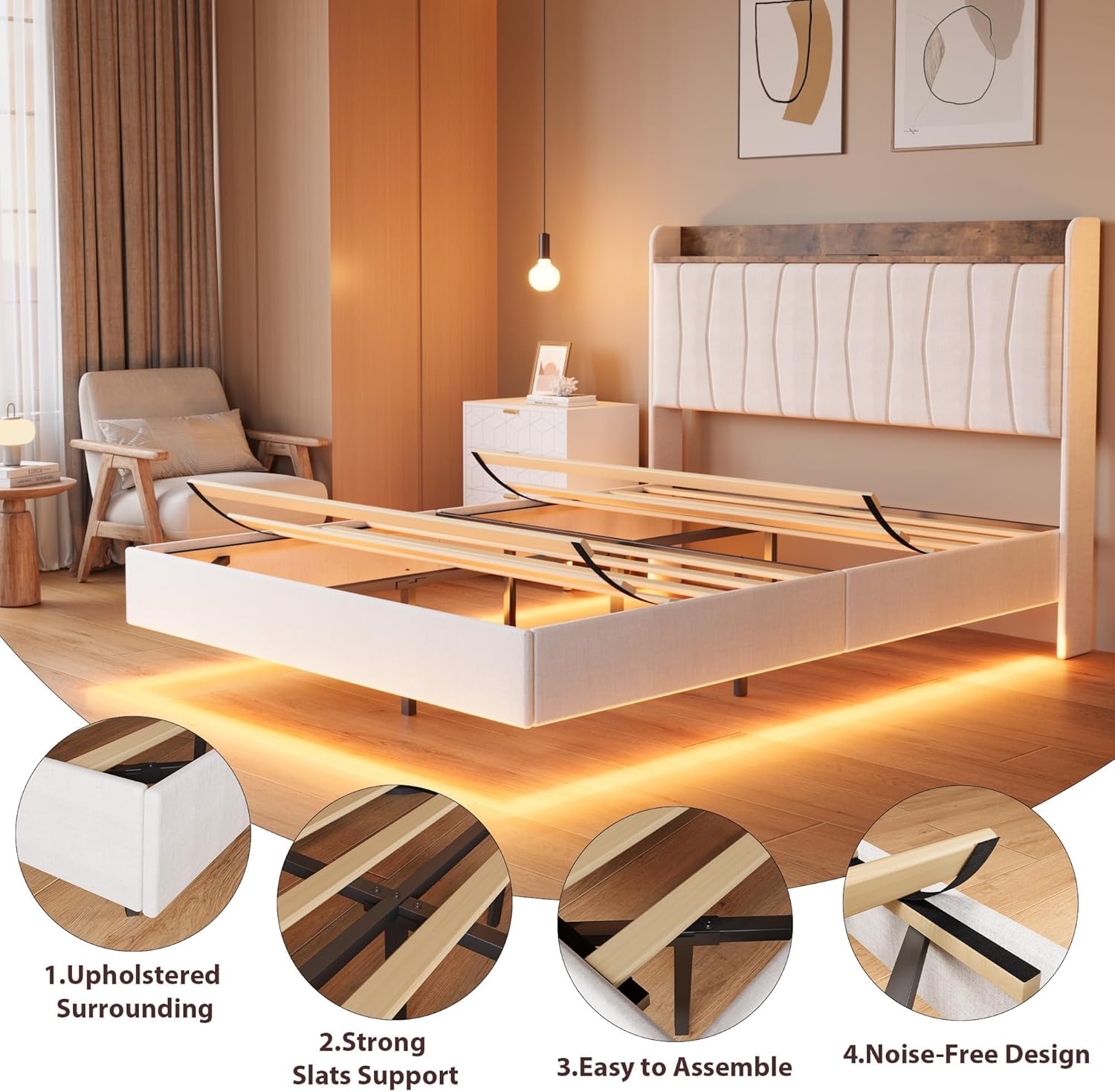  Full Floating Bed Frame with LED Lights & Charging Station