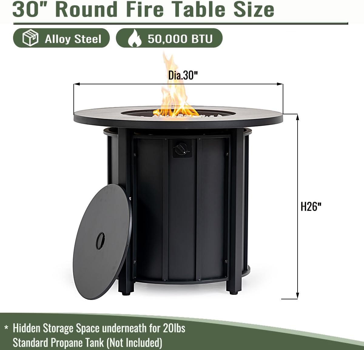 CSA-Certified 50000 BTU Round Steel Gas Fire Pits with Lid and Wood Grain Ceramic Tabletop