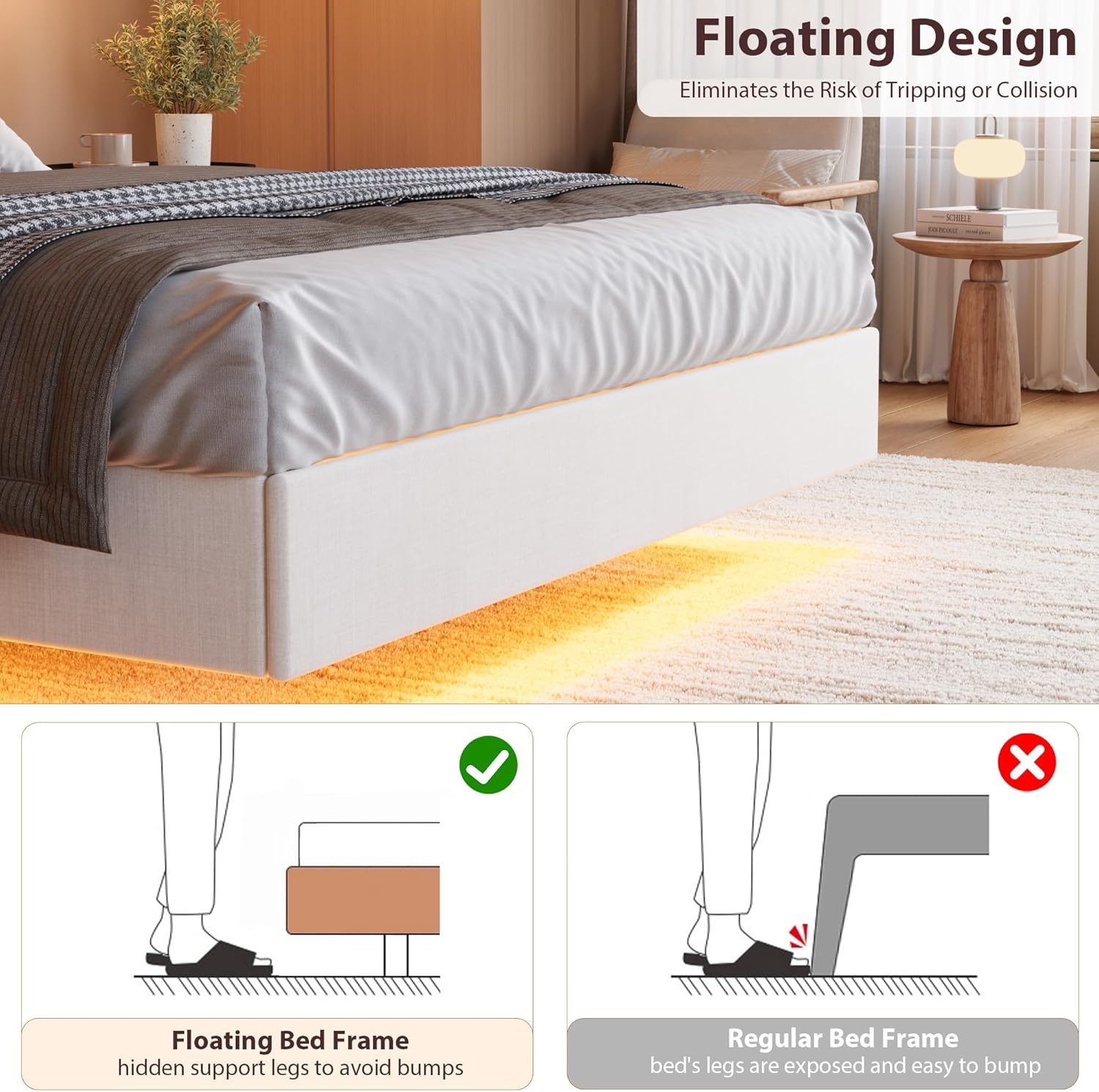  Full Floating Bed Frame with LED Lights & Charging Station