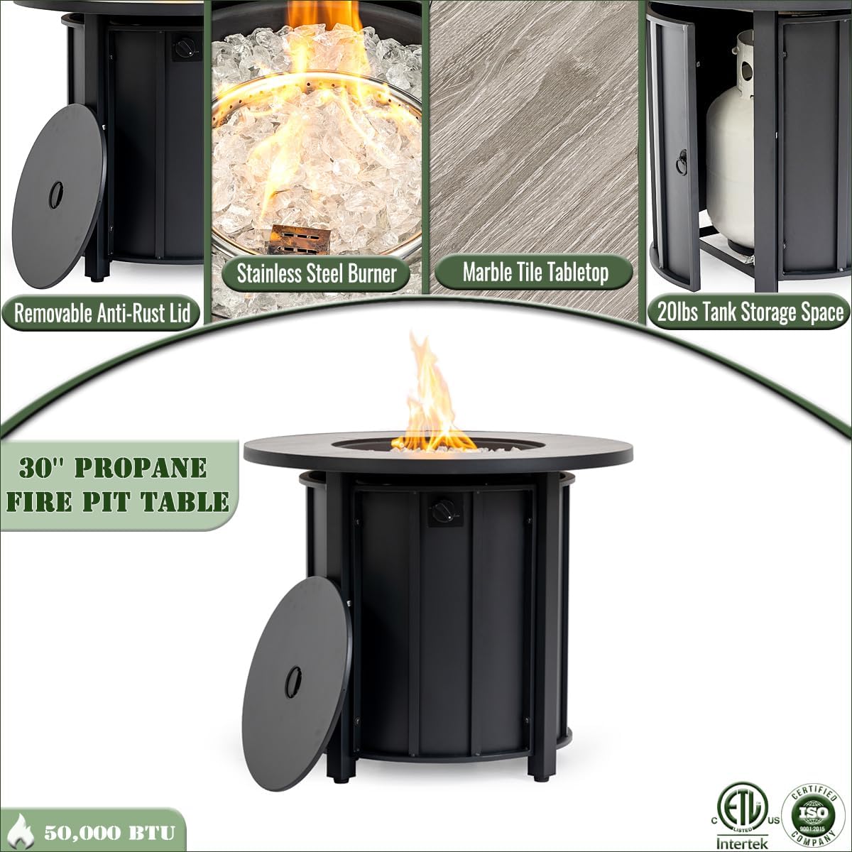 CSA-Certified 50000 BTU Round Steel Gas Fire Pits with Lid and Wood Grain Ceramic Tabletop