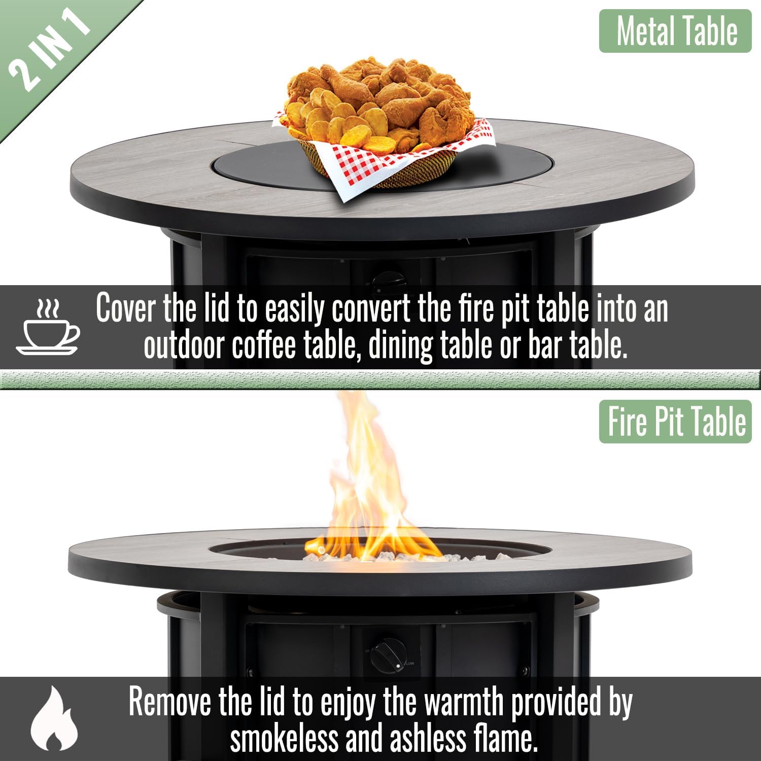 CSA-Certified 50000 BTU Round Steel Gas Fire Pits with Lid and Wood Grain Ceramic Tabletop