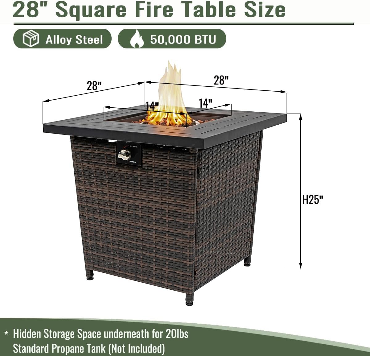 50000 BTU Square Steel Gas Fire Pits with Lid and Beautiful Wicker Base