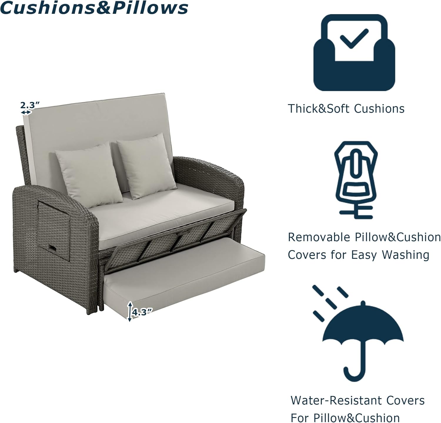 2-Person Reclining Daybed with Adjustable Back and Cushions