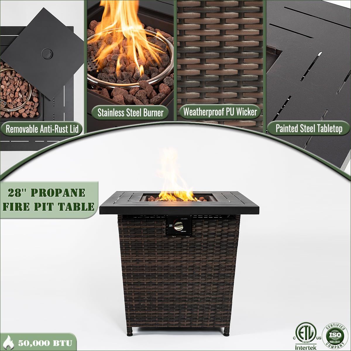 50000 BTU Square Steel Gas Fire Pits with Lid and Beautiful Wicker Base