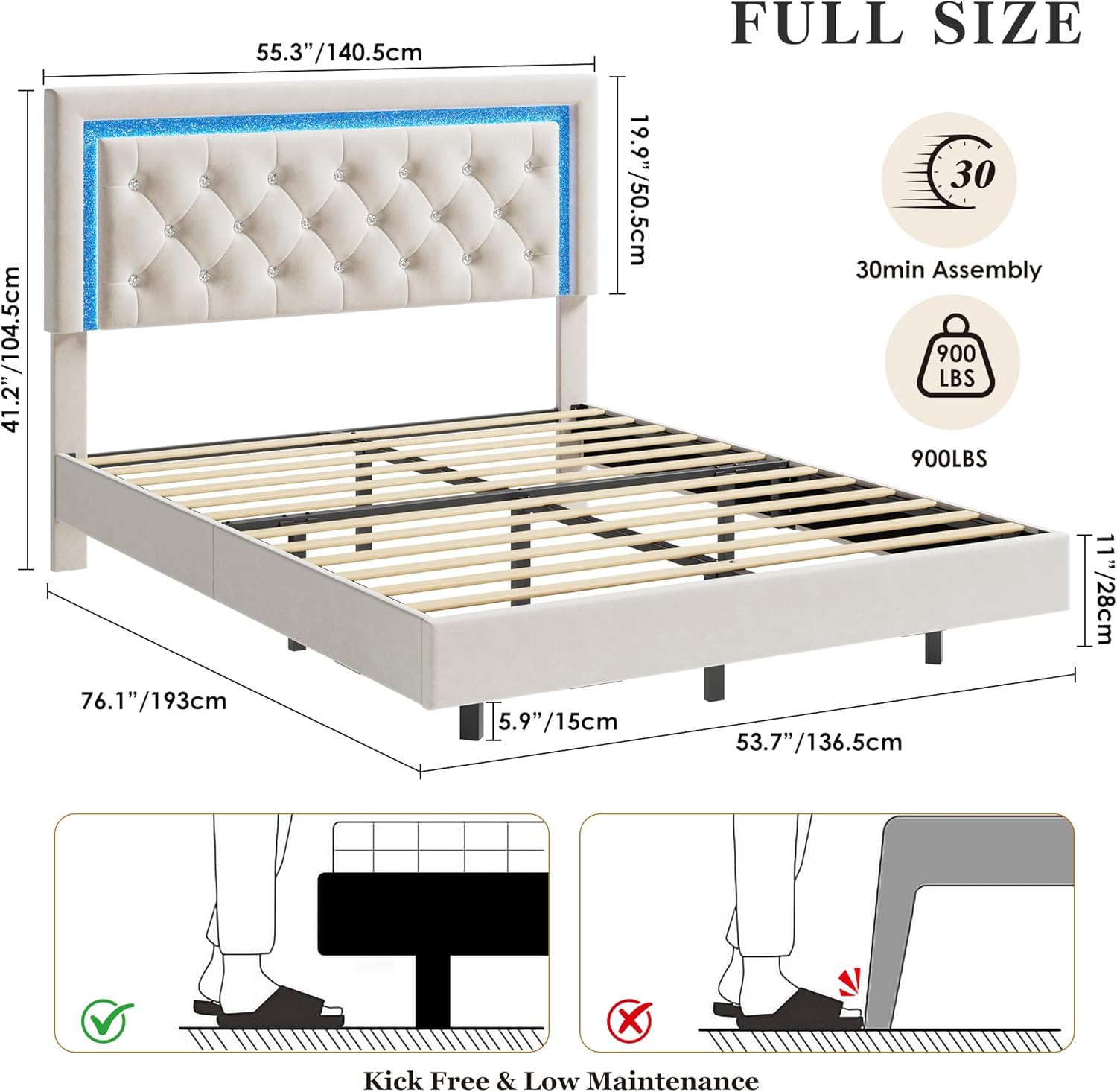 Floating Bed Frame Full Size with Smart Led Lights