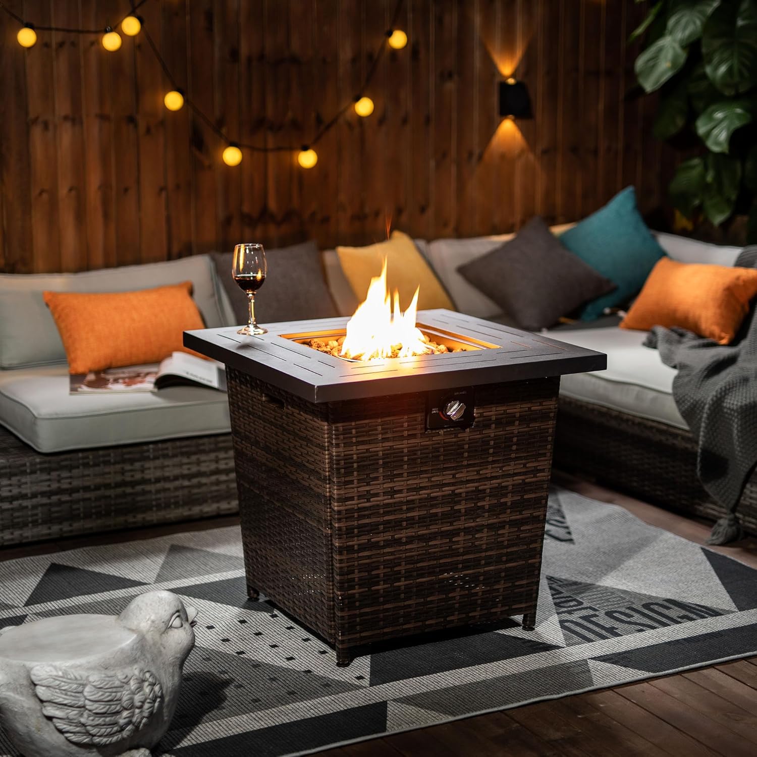 50000 BTU Square Steel Gas Fire Pits with Lid and Beautiful Wicker Base