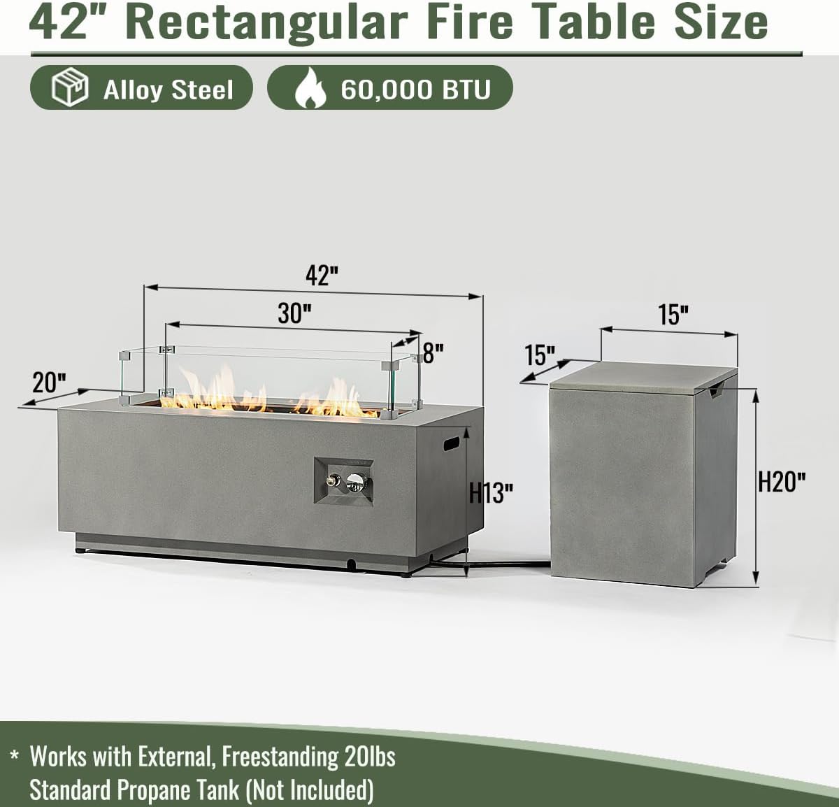 50000 BTU Rectangular Steel Fire Pit with Glass Wind Guard and Lid 