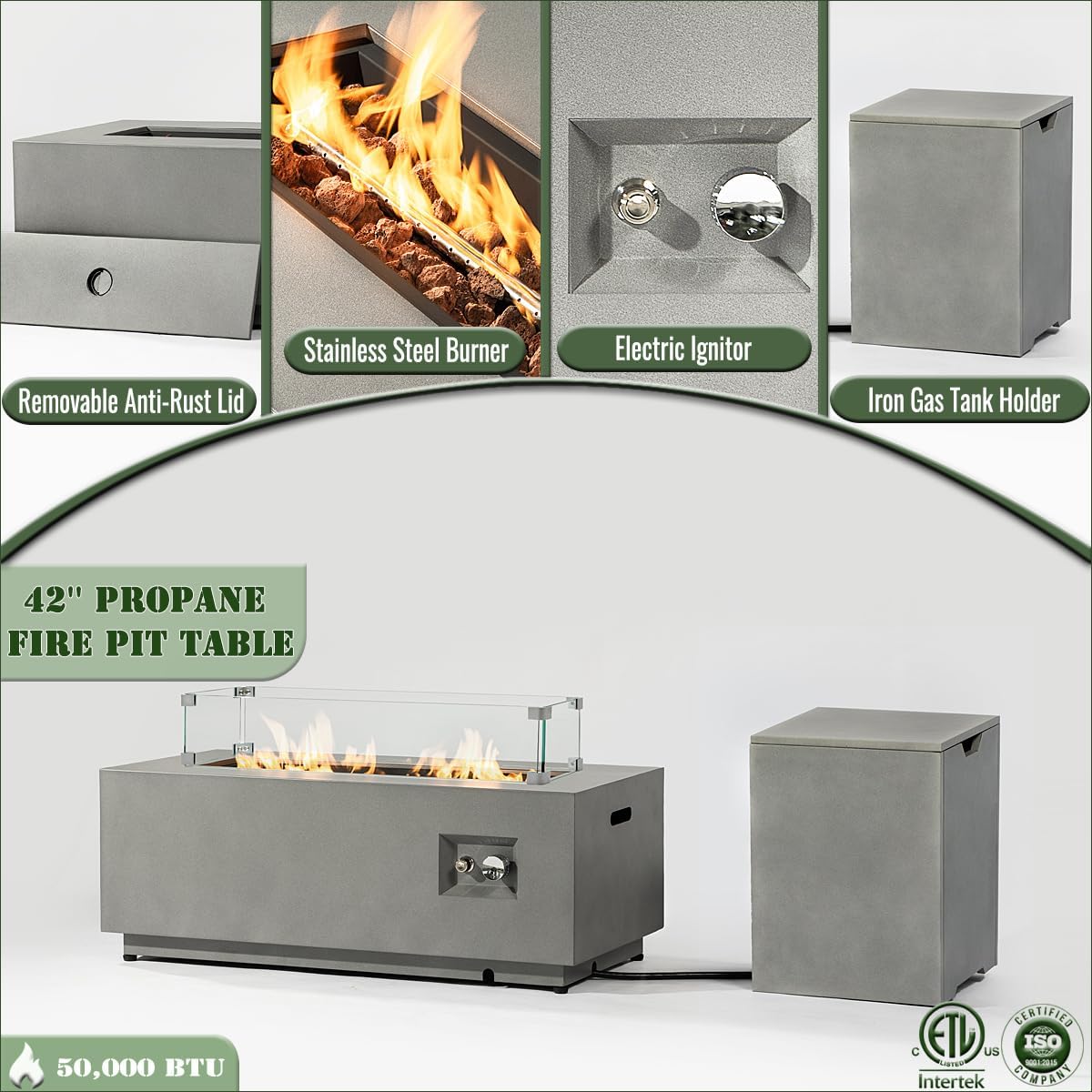 50000 BTU Rectangular Steel Fire Pit with Glass Wind Guard and Lid 