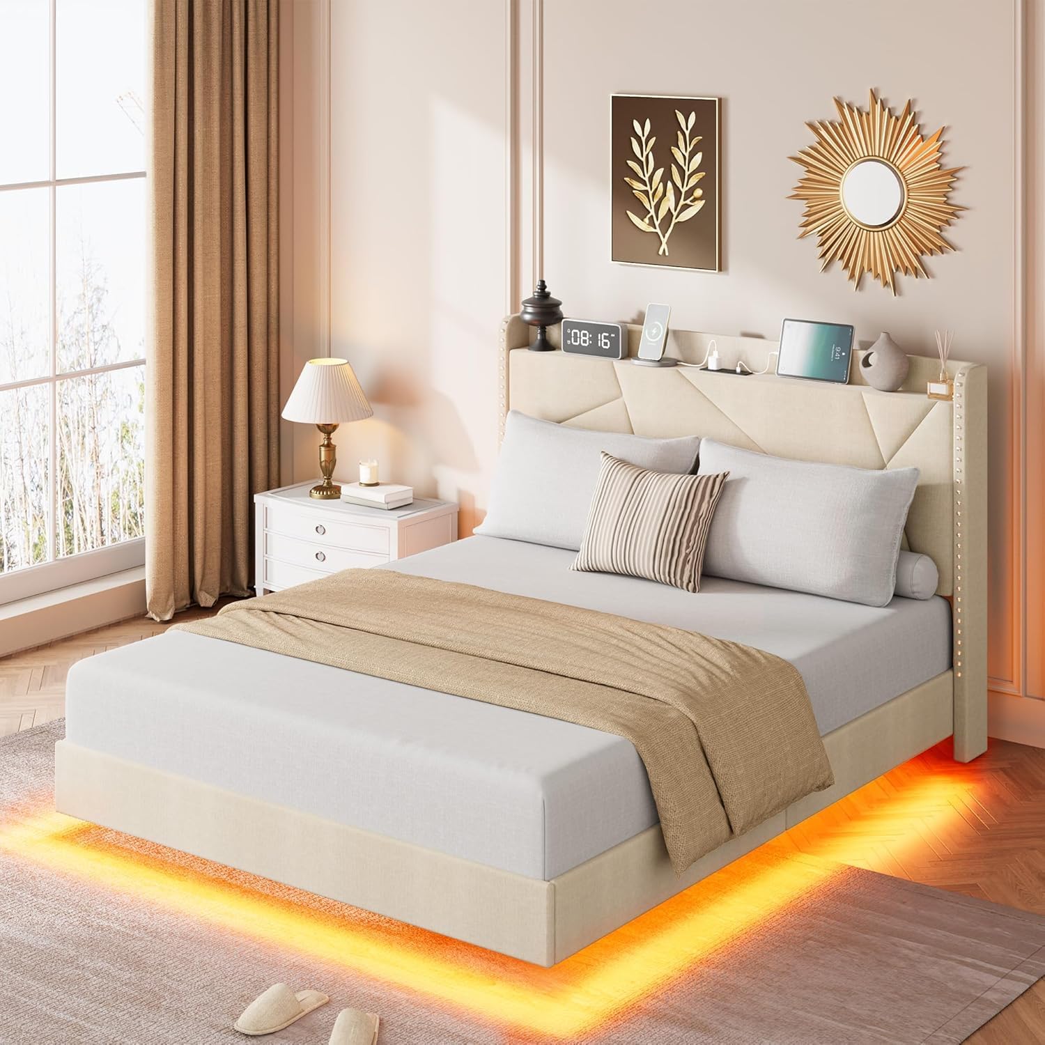 Queen Size Floating Bed Frame with RGB LED Lights and Charging Station
