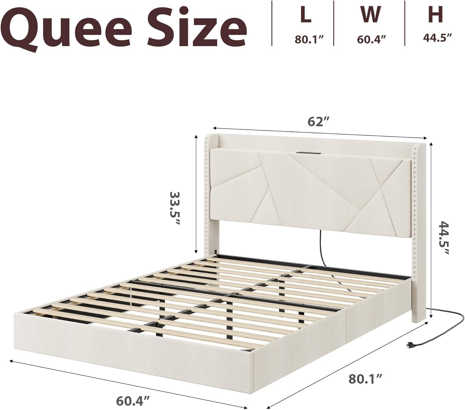 Queen Size Floating Bed Frame with RGB LED Lights and Charging Station