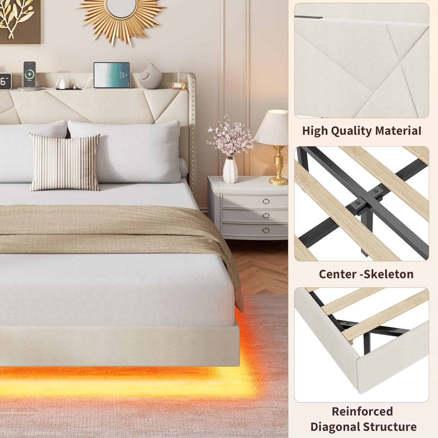Queen Size Floating Bed Frame with RGB LED Lights and Charging Station
