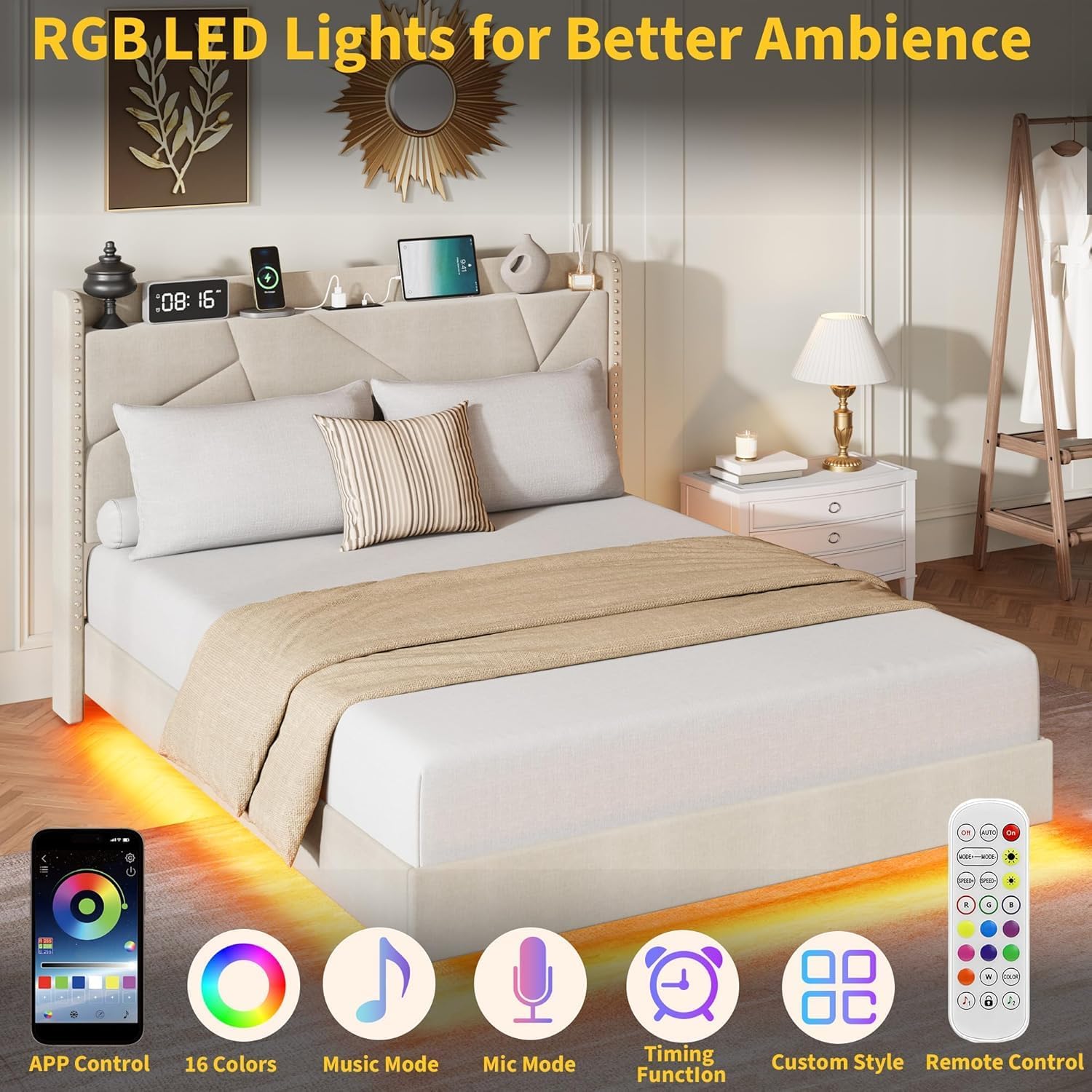 Queen Size Floating Bed Frame with RGB LED Lights and Charging Station