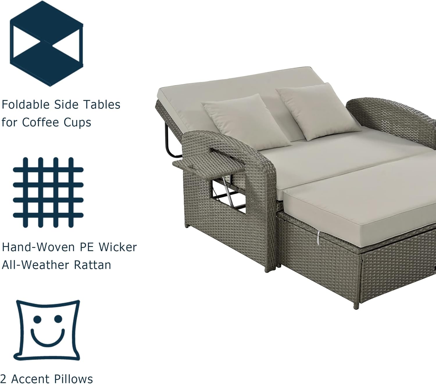 2-Person Reclining Daybed with Adjustable Back and Cushions