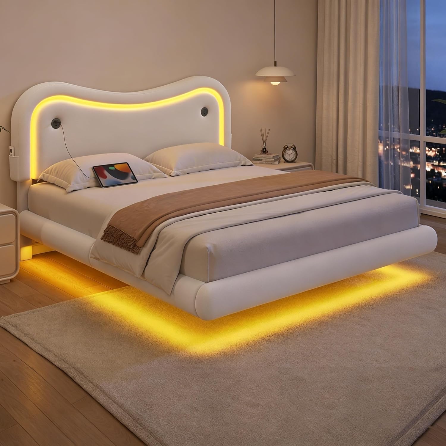 Full Size Velvet Floating Bed Frame with LED Lights