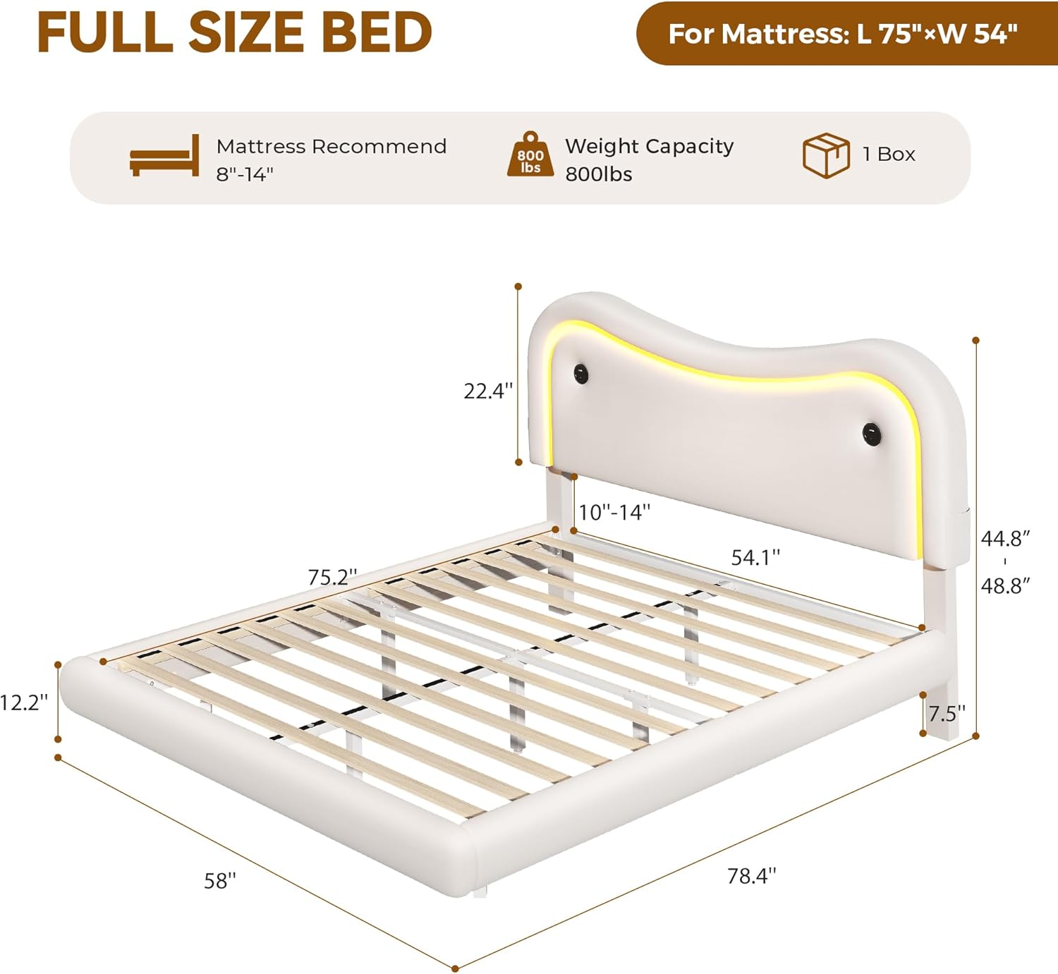 Full Size Velvet Floating Bed Frame with LED Lights
