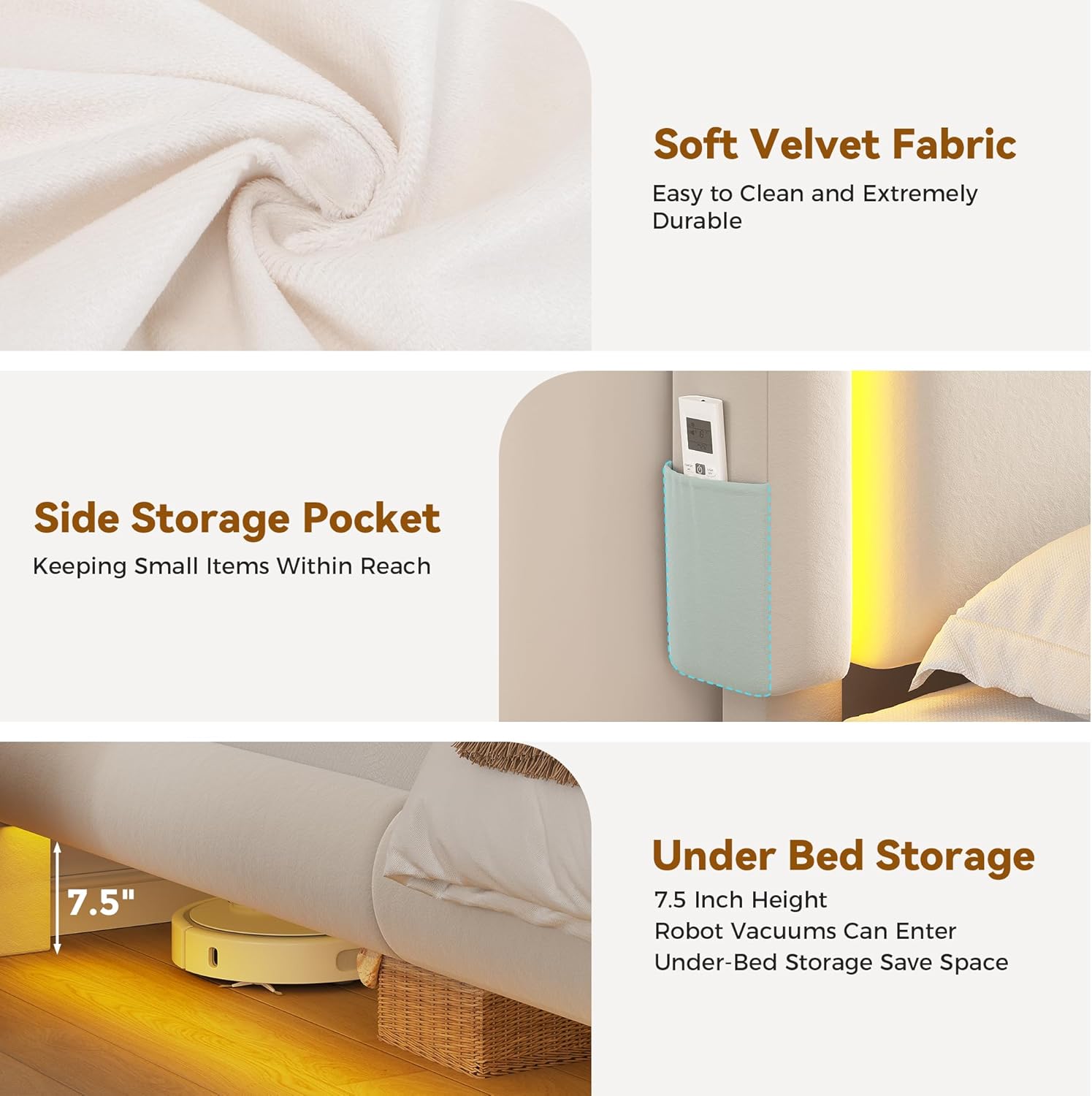 Full Size Velvet Floating Bed Frame with LED Lights