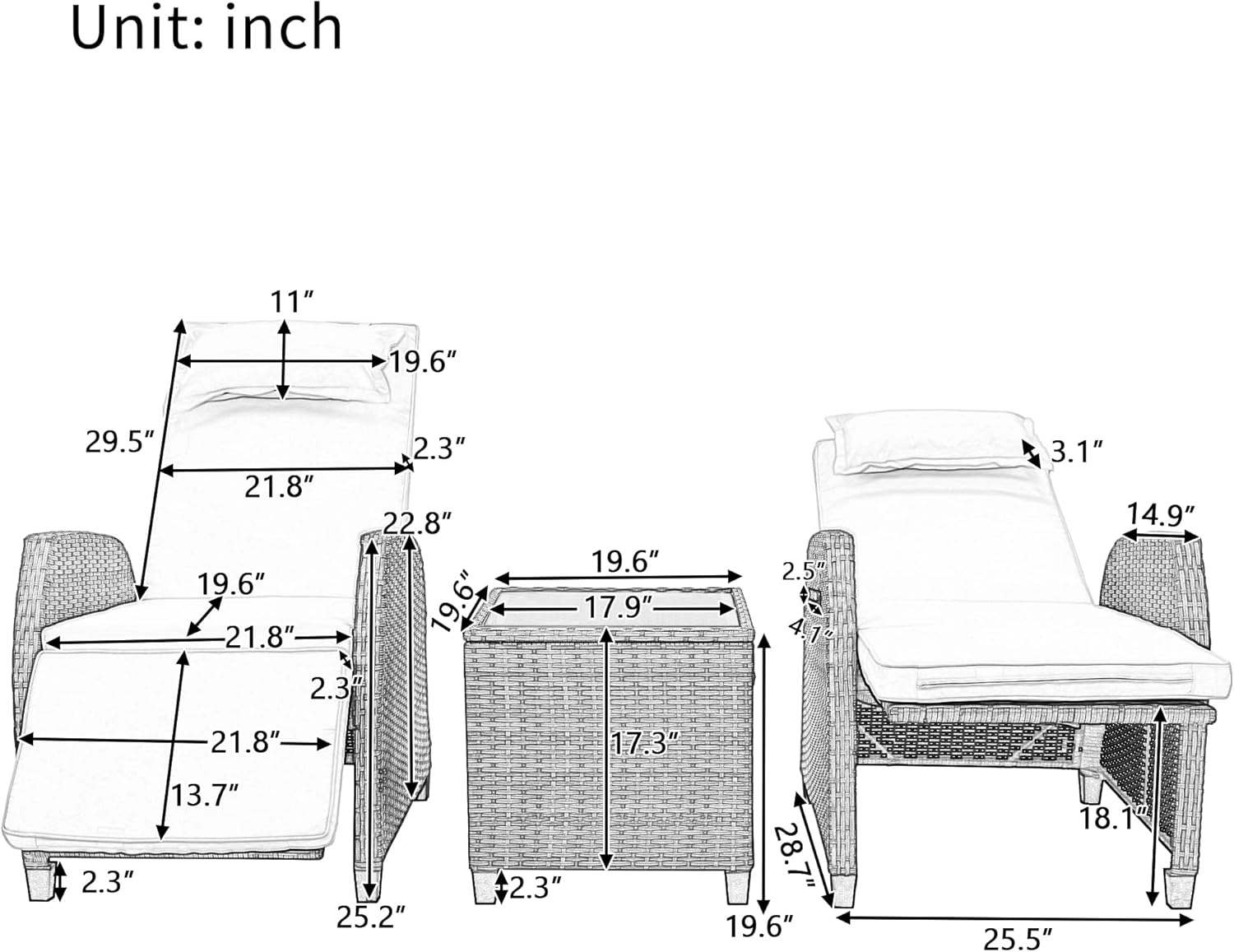 Two Outdoor Adjustable Chairs with Coffee Table
