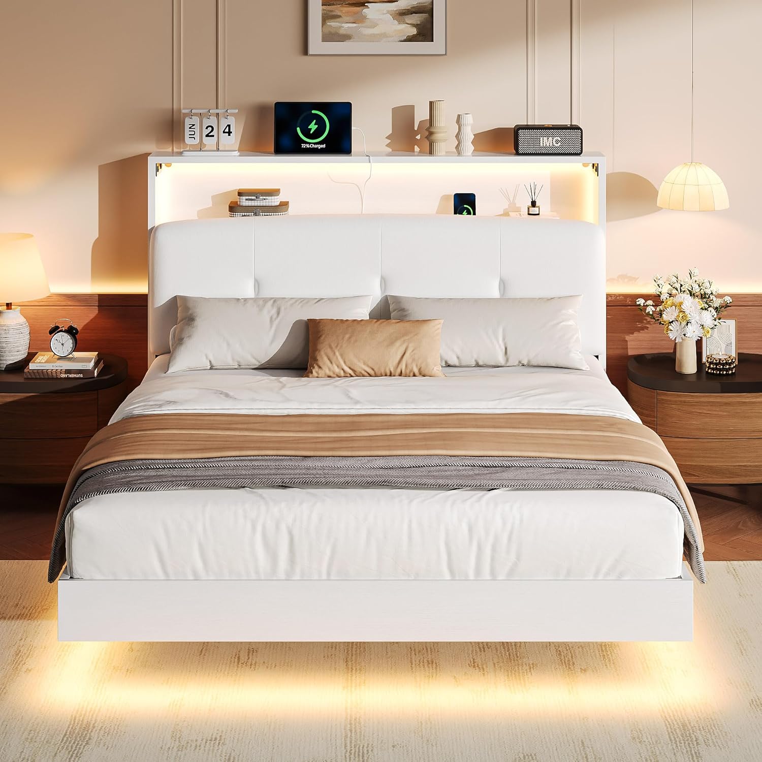 Floating Bed Frame Full with 2-Tier Storage 