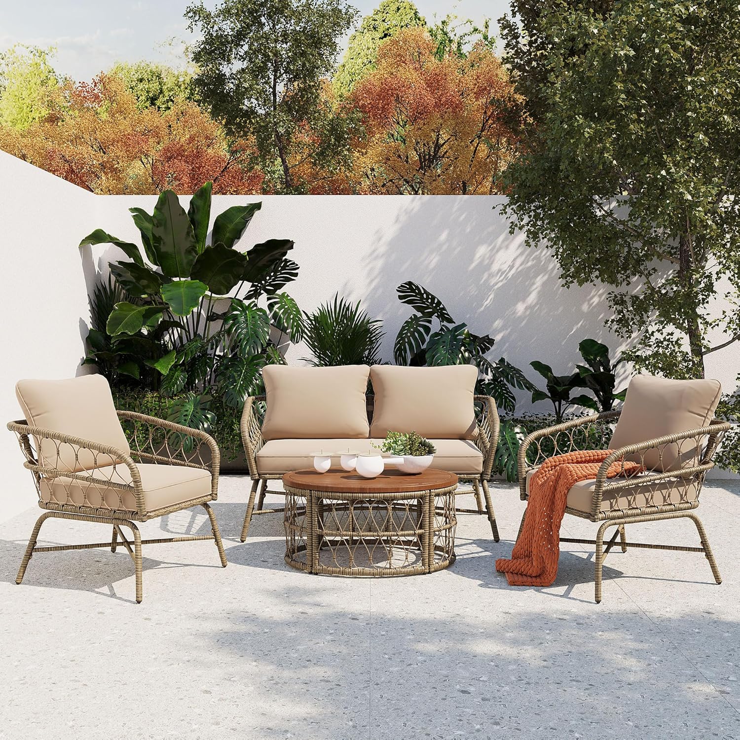 Bohemia Style 4 Pieces Rattan Outdoor Seating Group with Removable Cushions