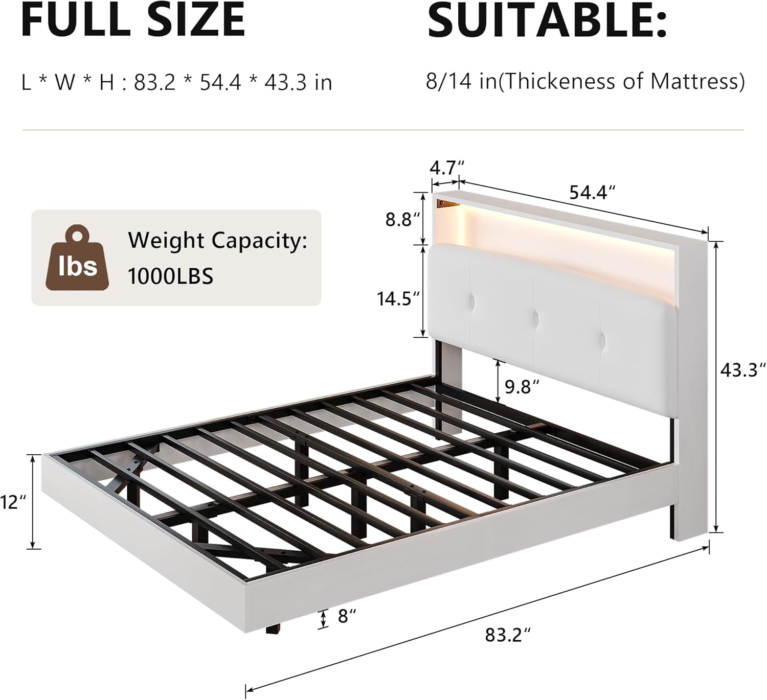 Floating Bed Frame Full with 2-Tier Storage 