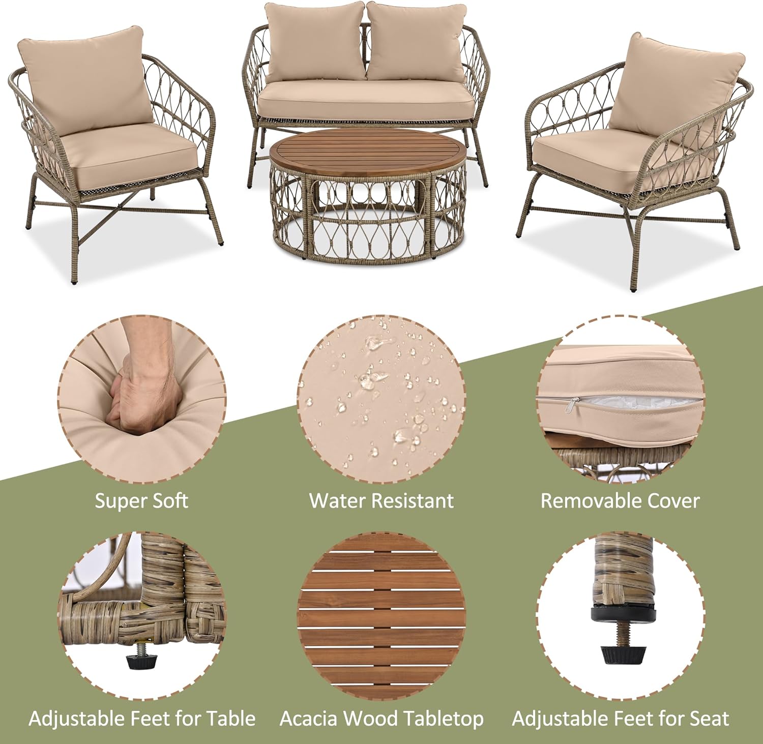 Bohemia Style 4 Pieces Rattan Outdoor Seating Group with Removable Cushions