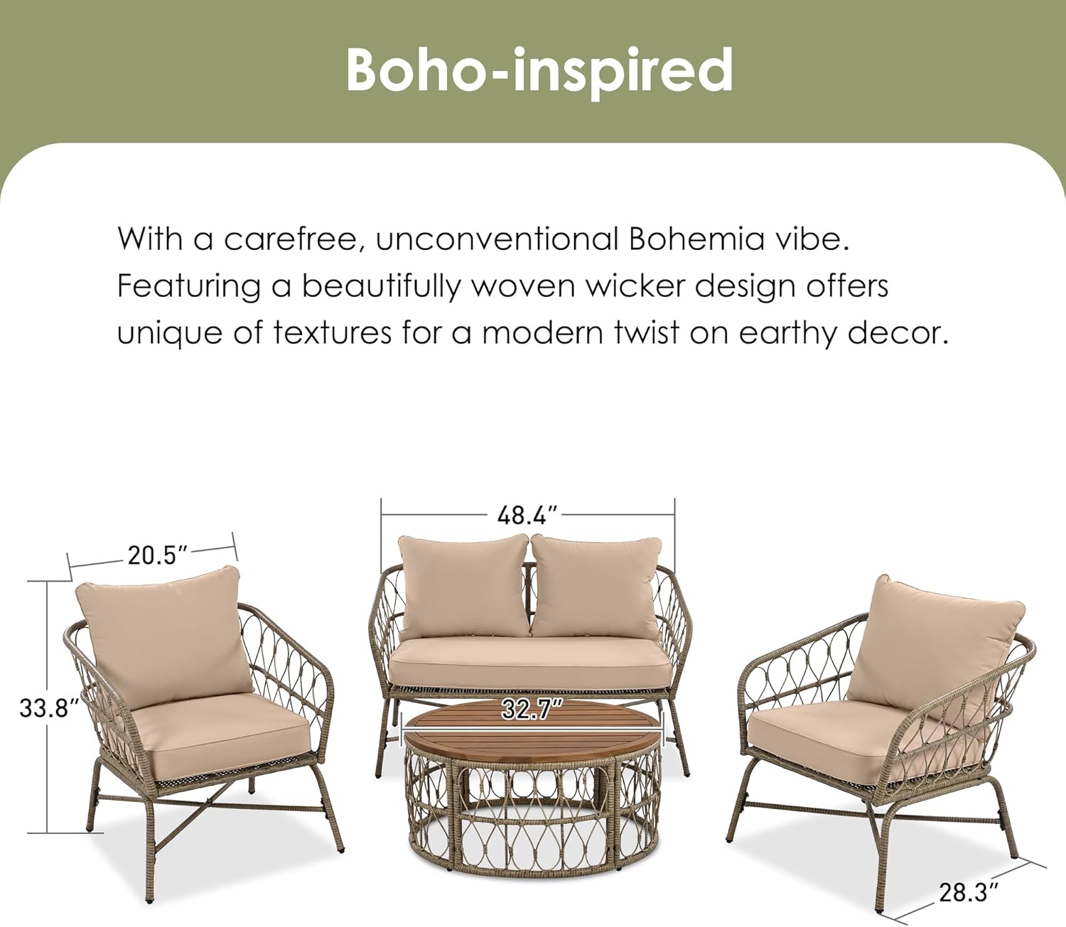 Bohemia Style 4 Pieces Rattan Outdoor Seating Group with Removable Cushions