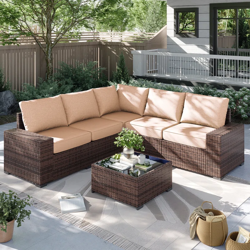 6 Pieces Outdoor Patio Furniture Set, With Cushions And Glass Coffee Table, Pe Rattan Outdoor Wicker Sectional Furniture Sofa Set