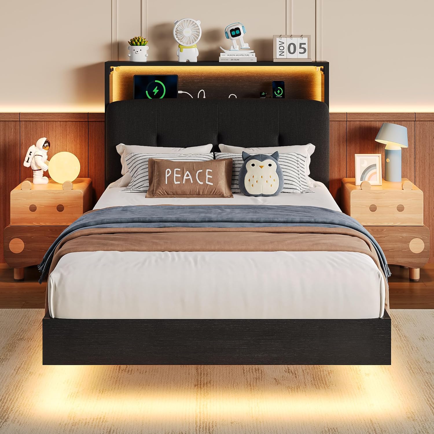 Floating Bed Frame Full with 2-Tier Storage 