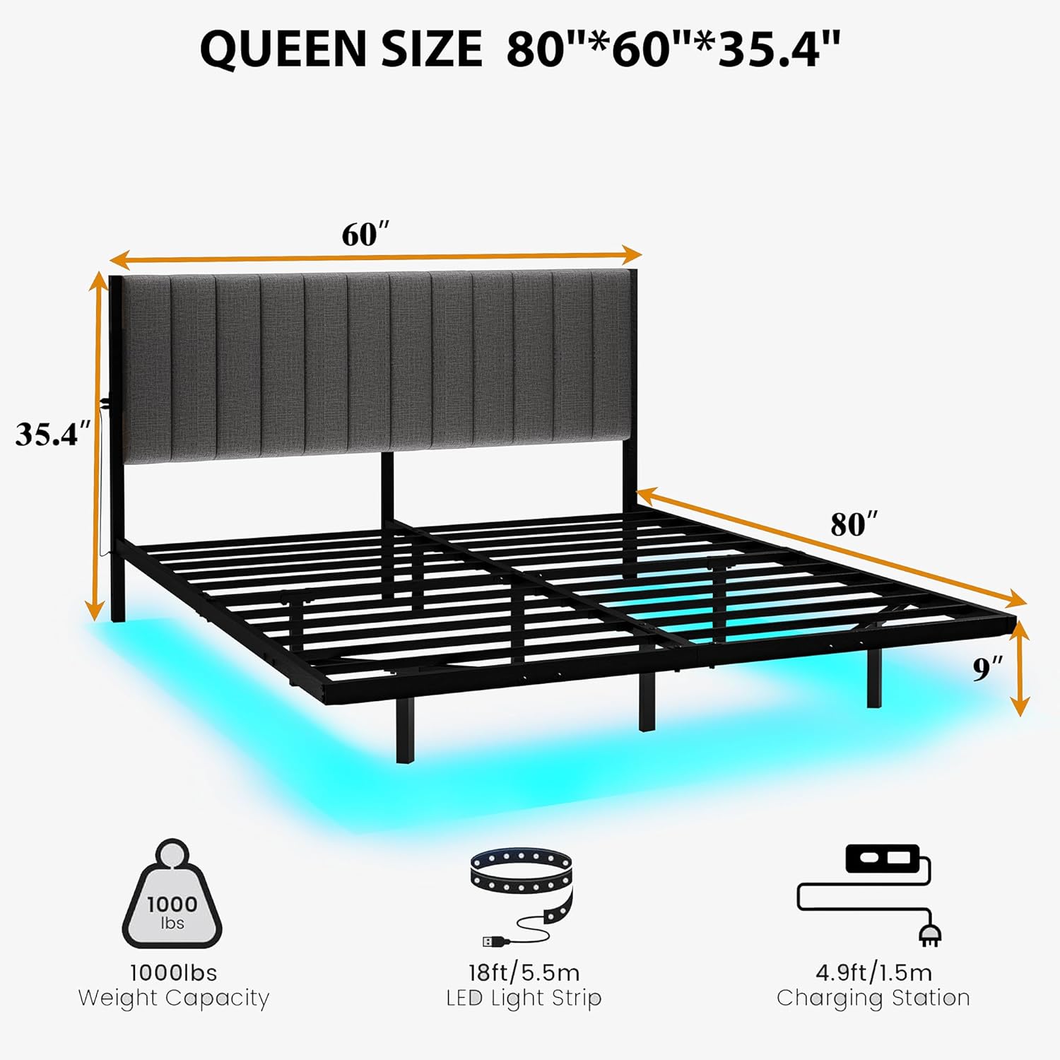 Modern Metal Platform Floating Queen Bed Frame