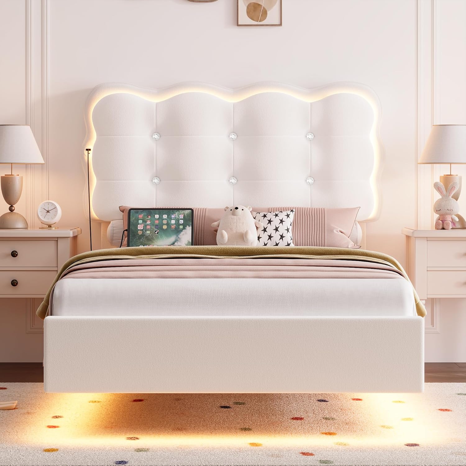 Upholstered Twin LED Floating Platform Bed Frame 