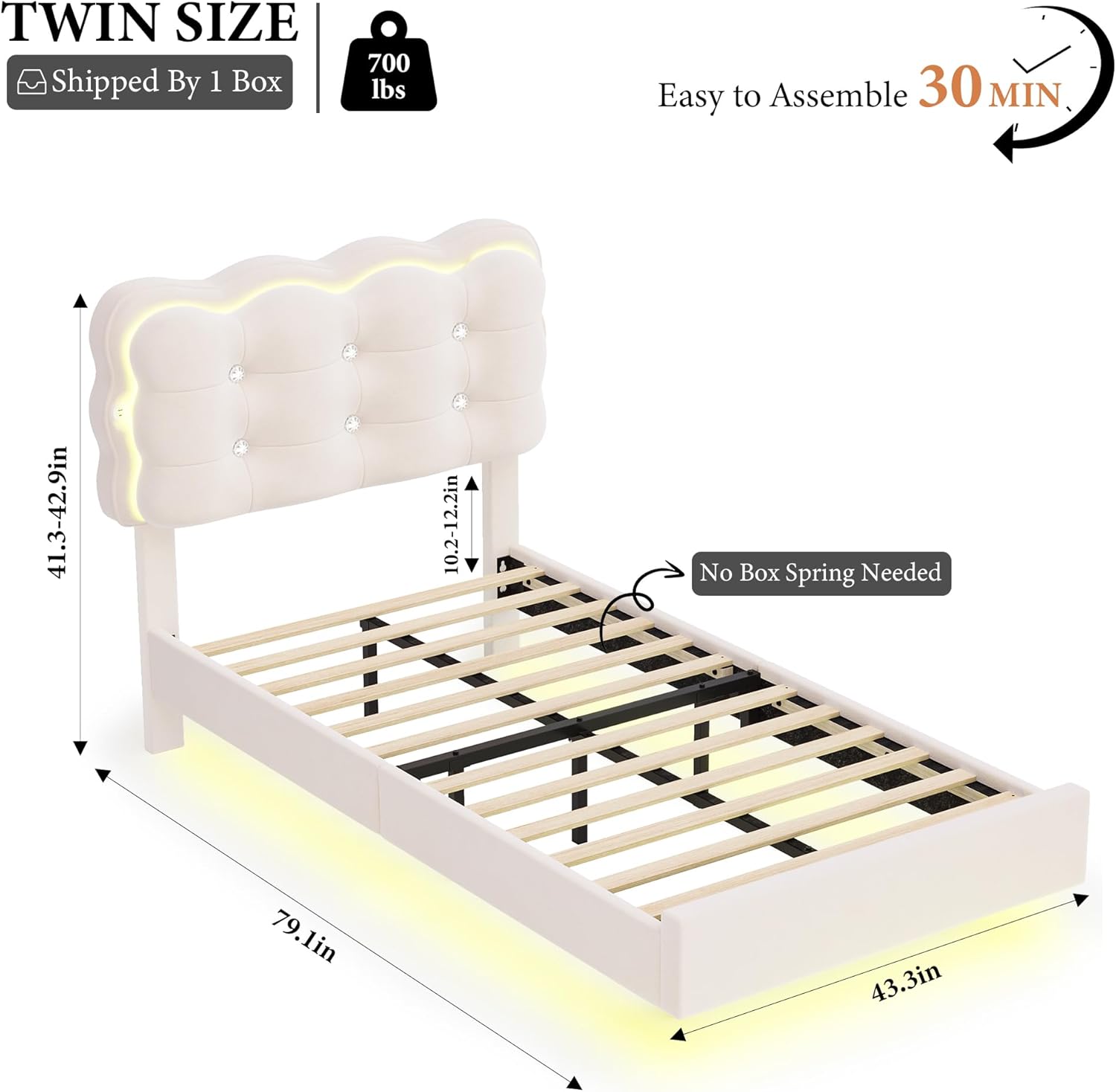 Upholstered Twin LED Floating Platform Bed Frame 
