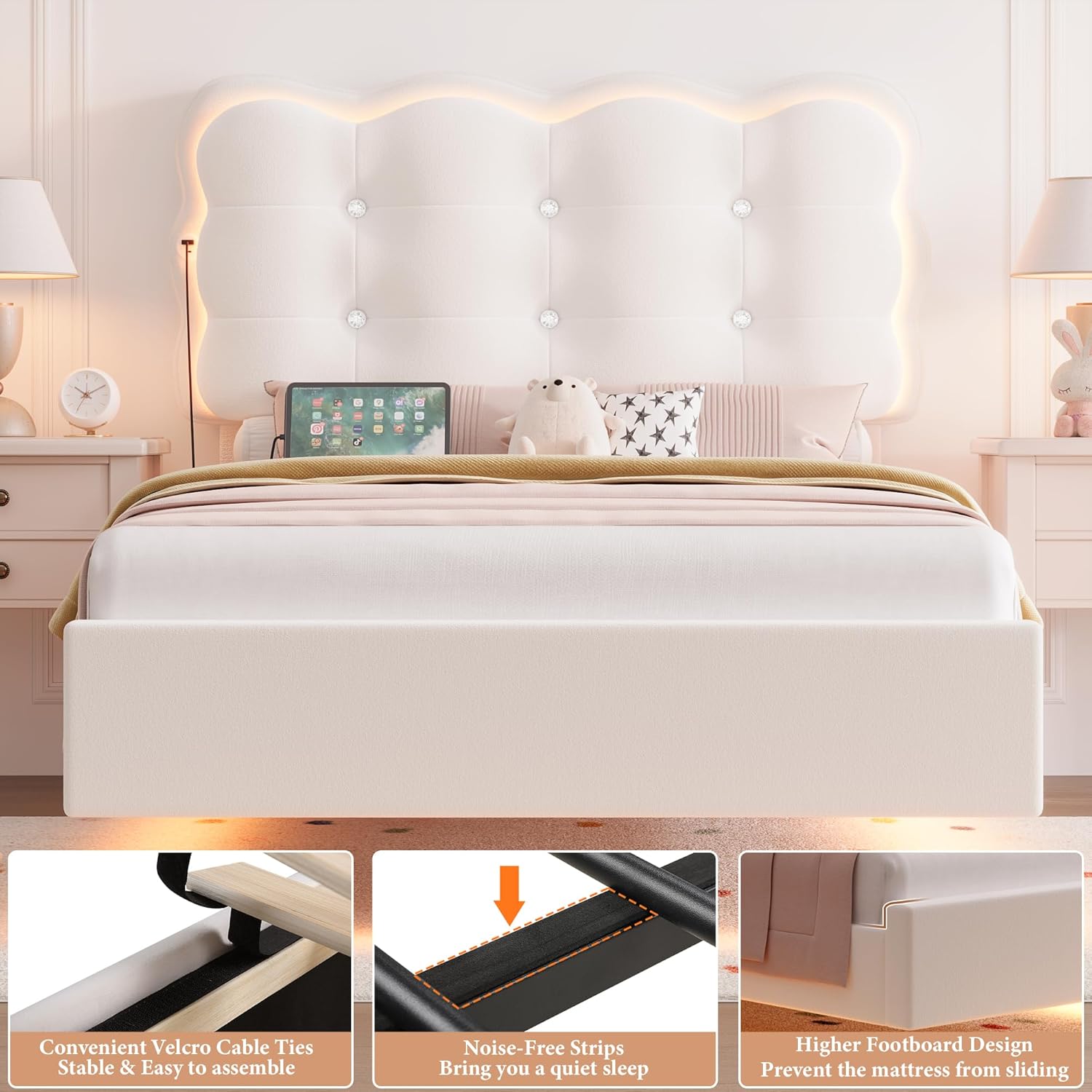 Upholstered Twin LED Floating Platform Bed Frame 