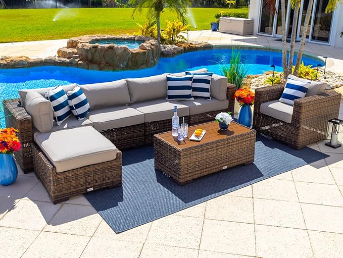  7-Piece Outdoor Patio Furniture Sectional Sofa Set in Brown 